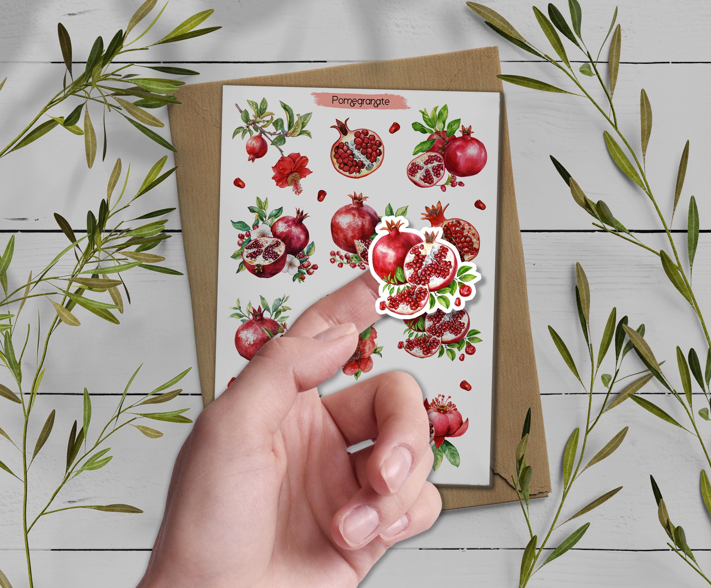 Pomegranate Sticker Sheet. Summer Fruit Stickers. Planner, Scrapbooking Stickers