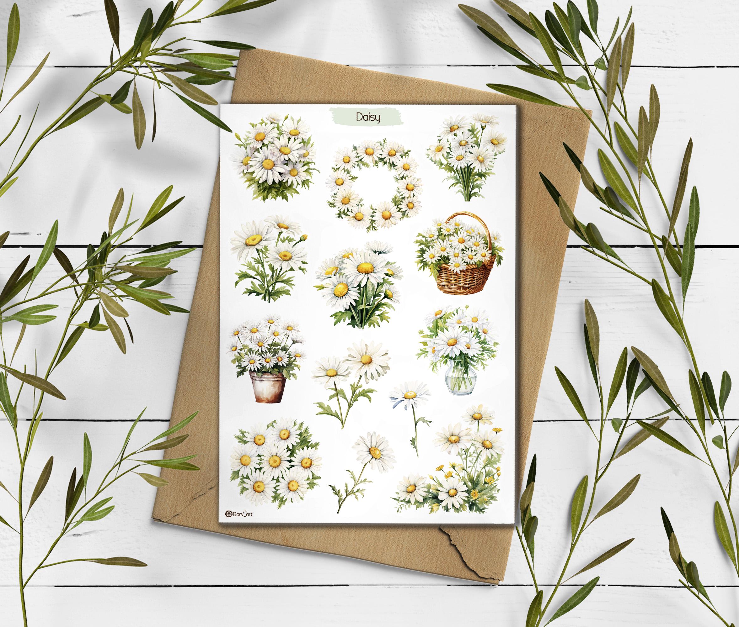 Daisy Sticker Sheet: Watercolor Wildflowers, Spring Planner Stickers