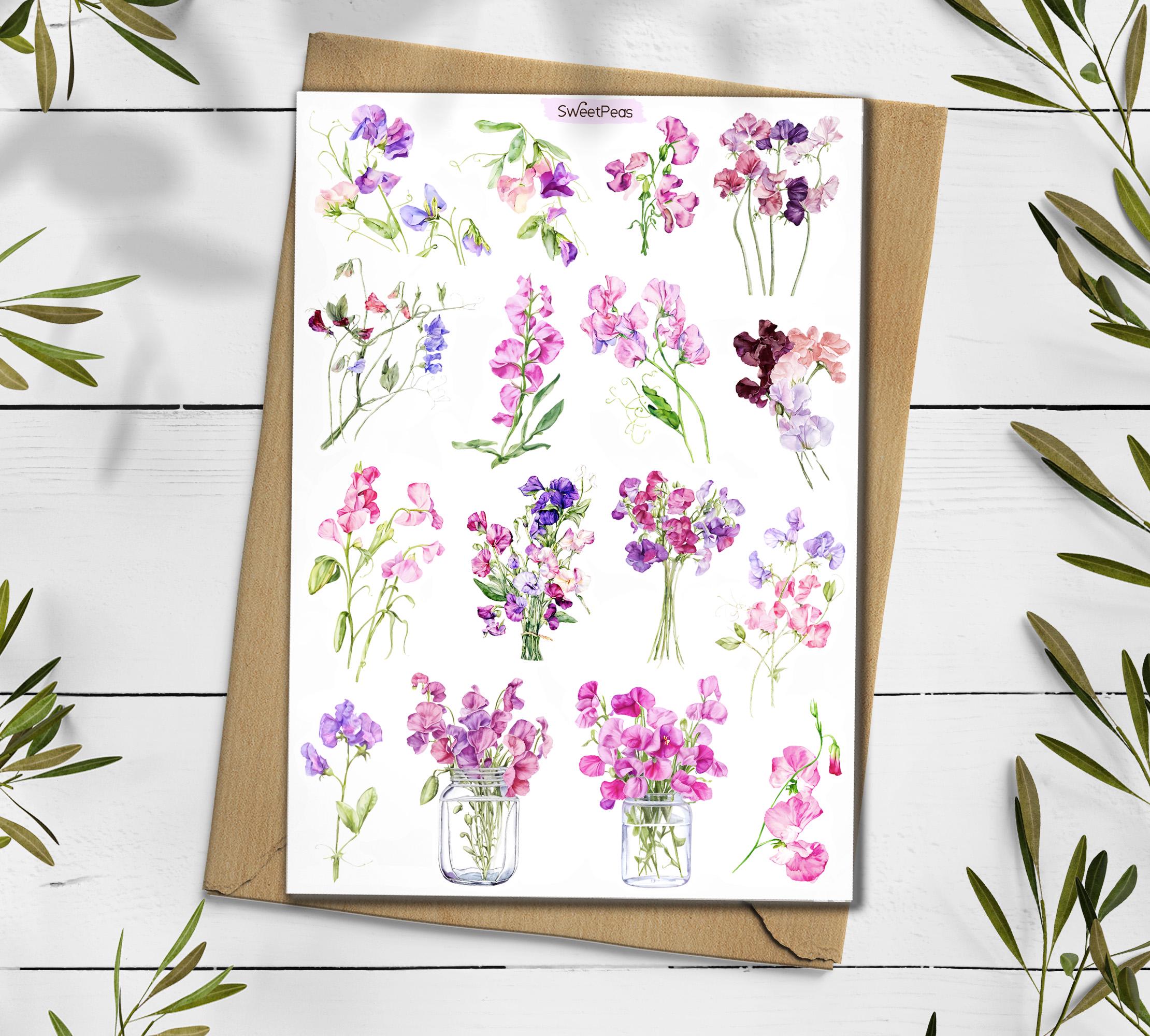 Sweetpeas Flower Stickers: Botanical Scrapbooking Stickers