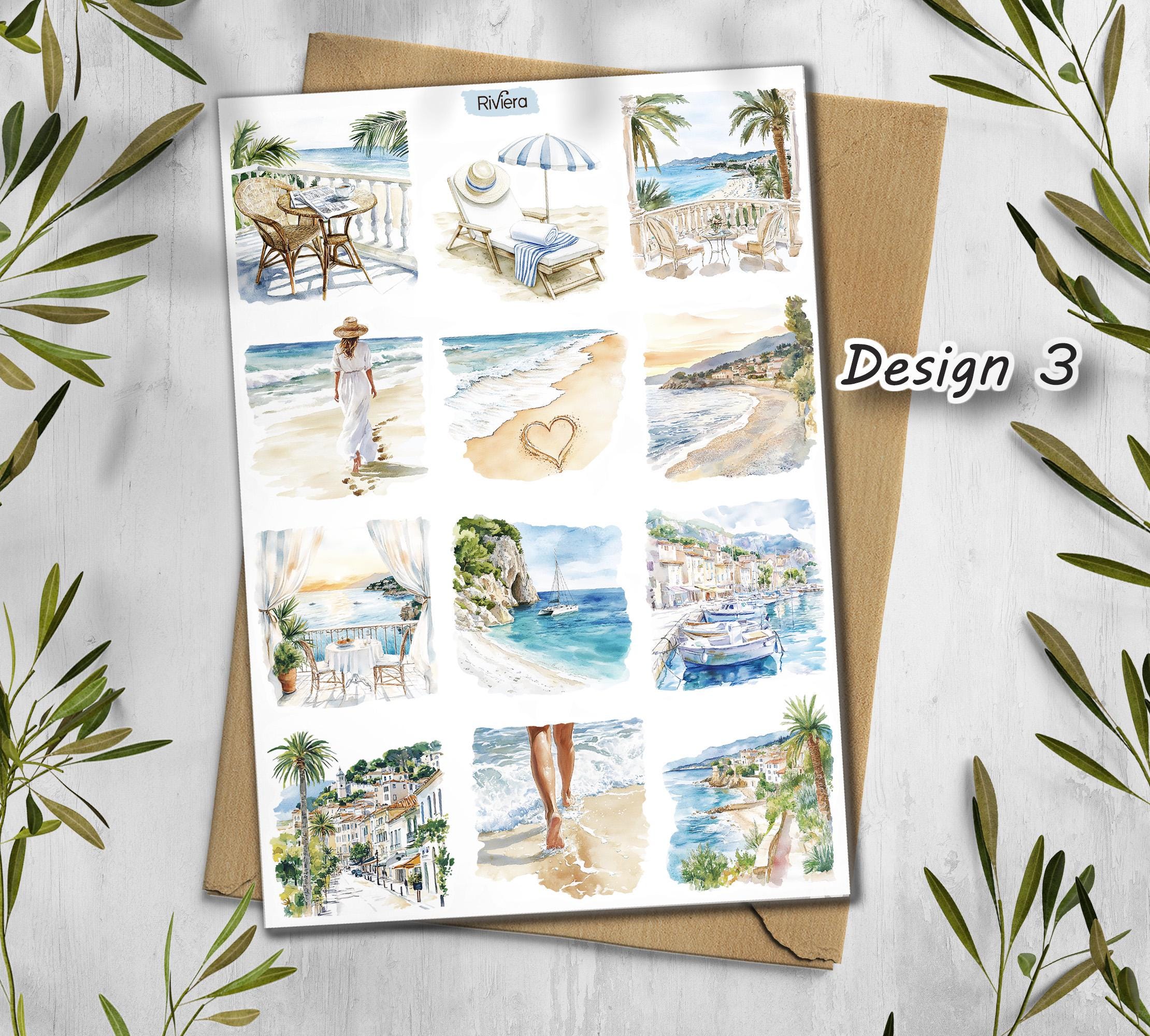 French Riviera Stickers. Summer Travel Scrapbook Stickers. Sea cost stickers