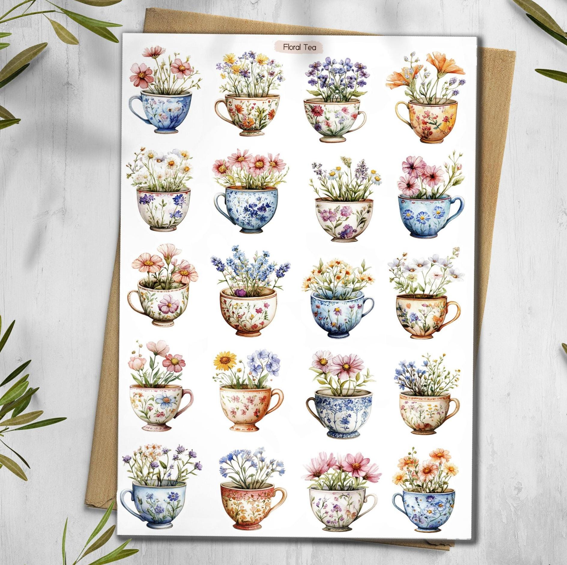 Floral Tea Stickers: Cottagecore Scrapbook Stickers