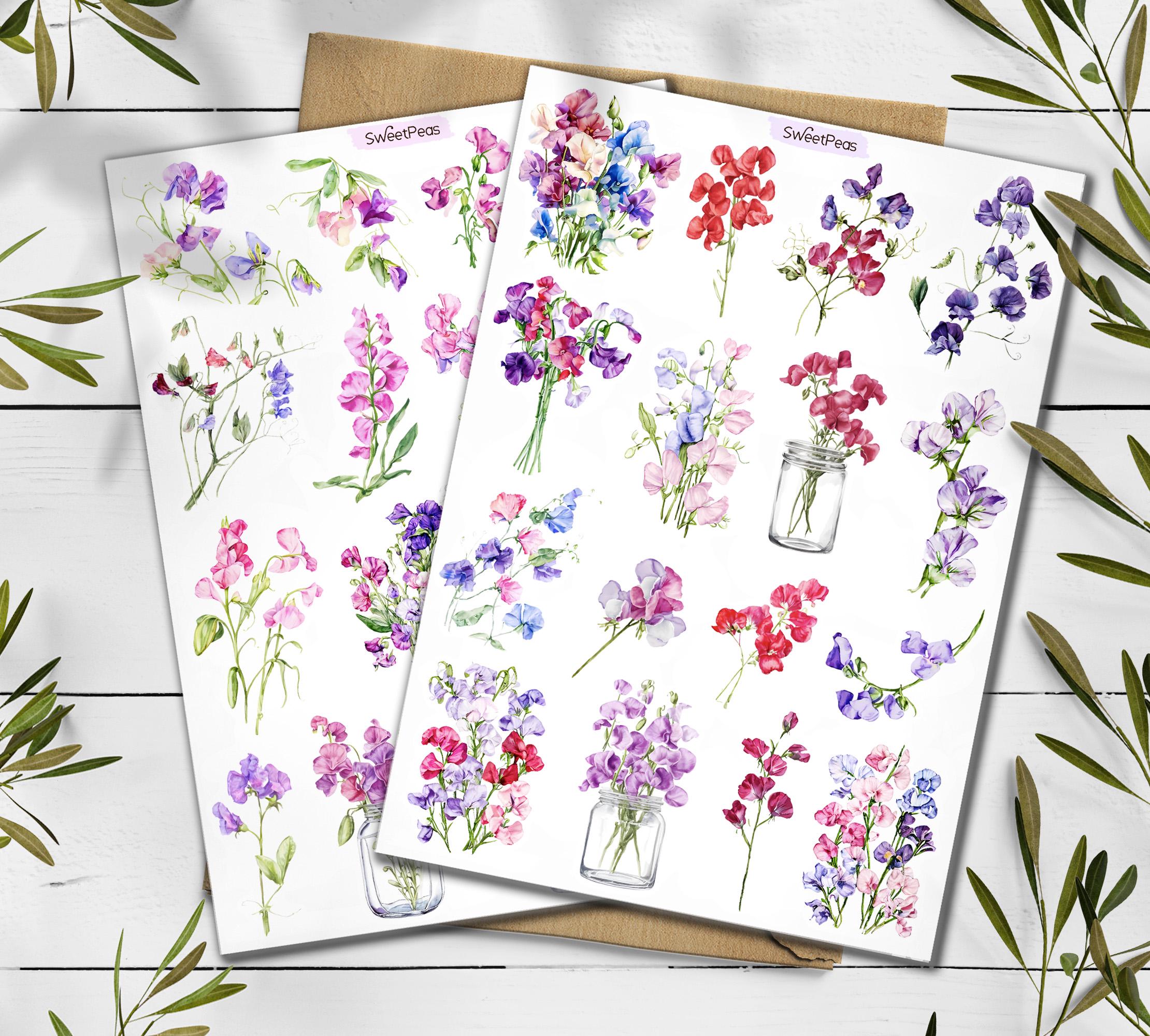 Sweetpeas Flower Stickers: Botanical Scrapbooking Stickers