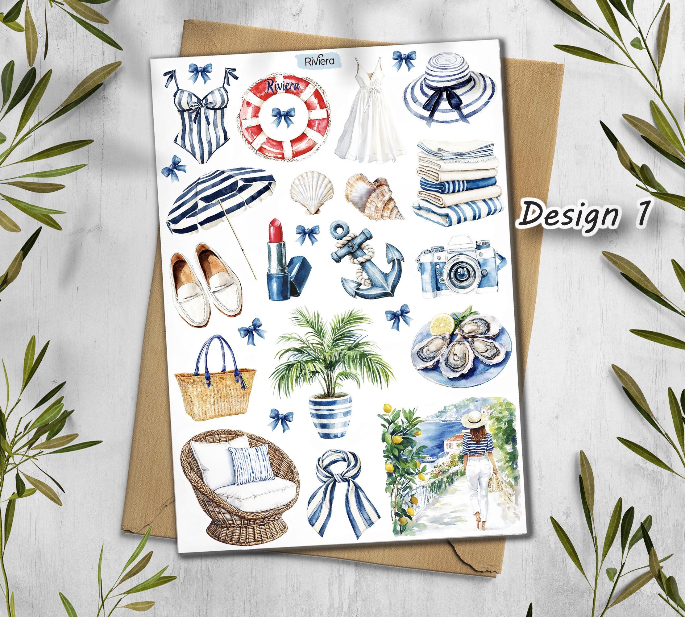 French Riviera Stickers. Summer Travel Scrapbook Stickers. Sea cost stickers