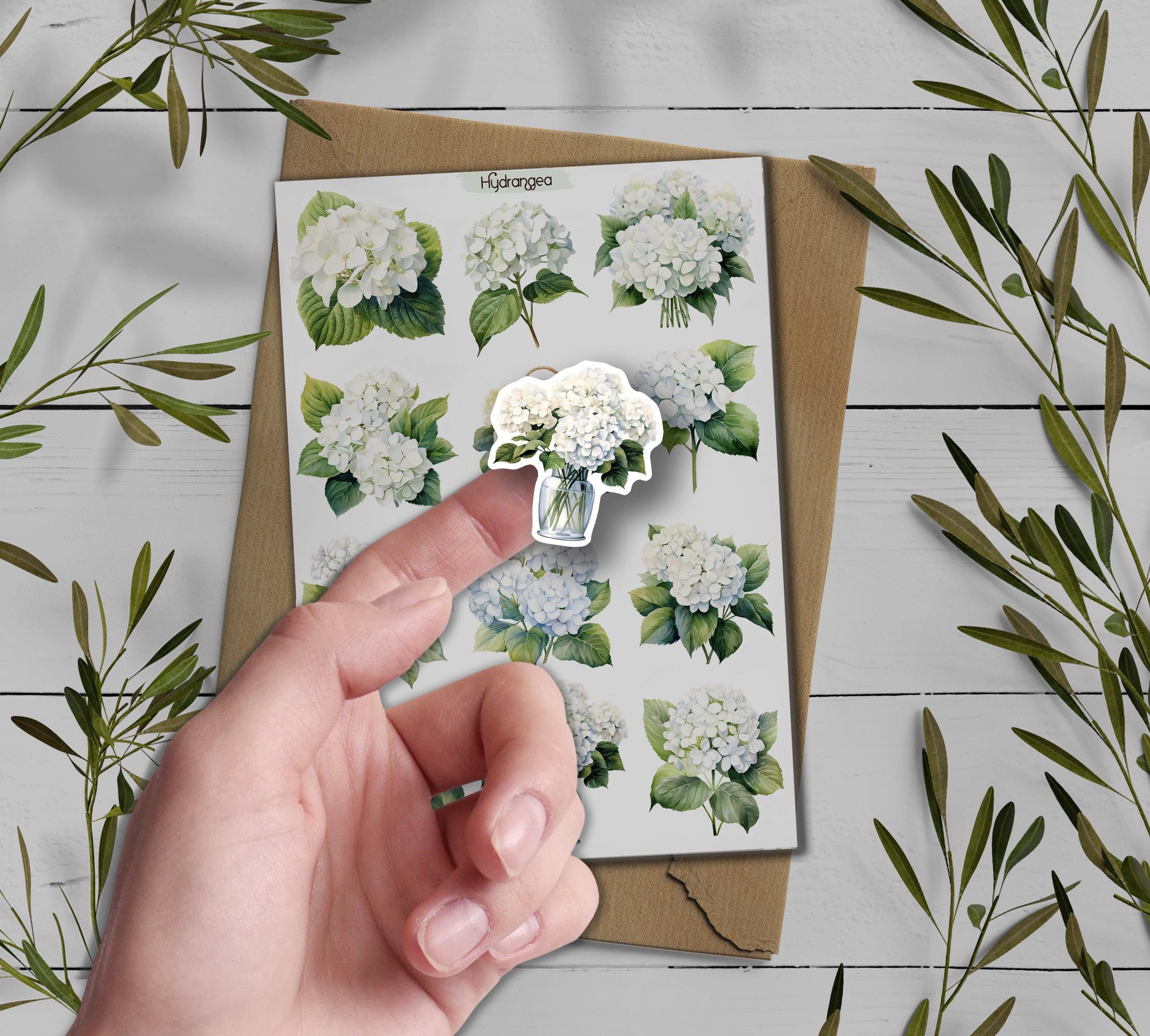 Hydrangea stickers. White Hydrangea Stickers. Blue Hydrangea Flower Stickers. Summer Blossom Stickers. Bullet Journal. Garden Scrapbooking