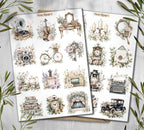 Vintage Floral Stickers: Books, Clock, Bike - Scrapbook Planner