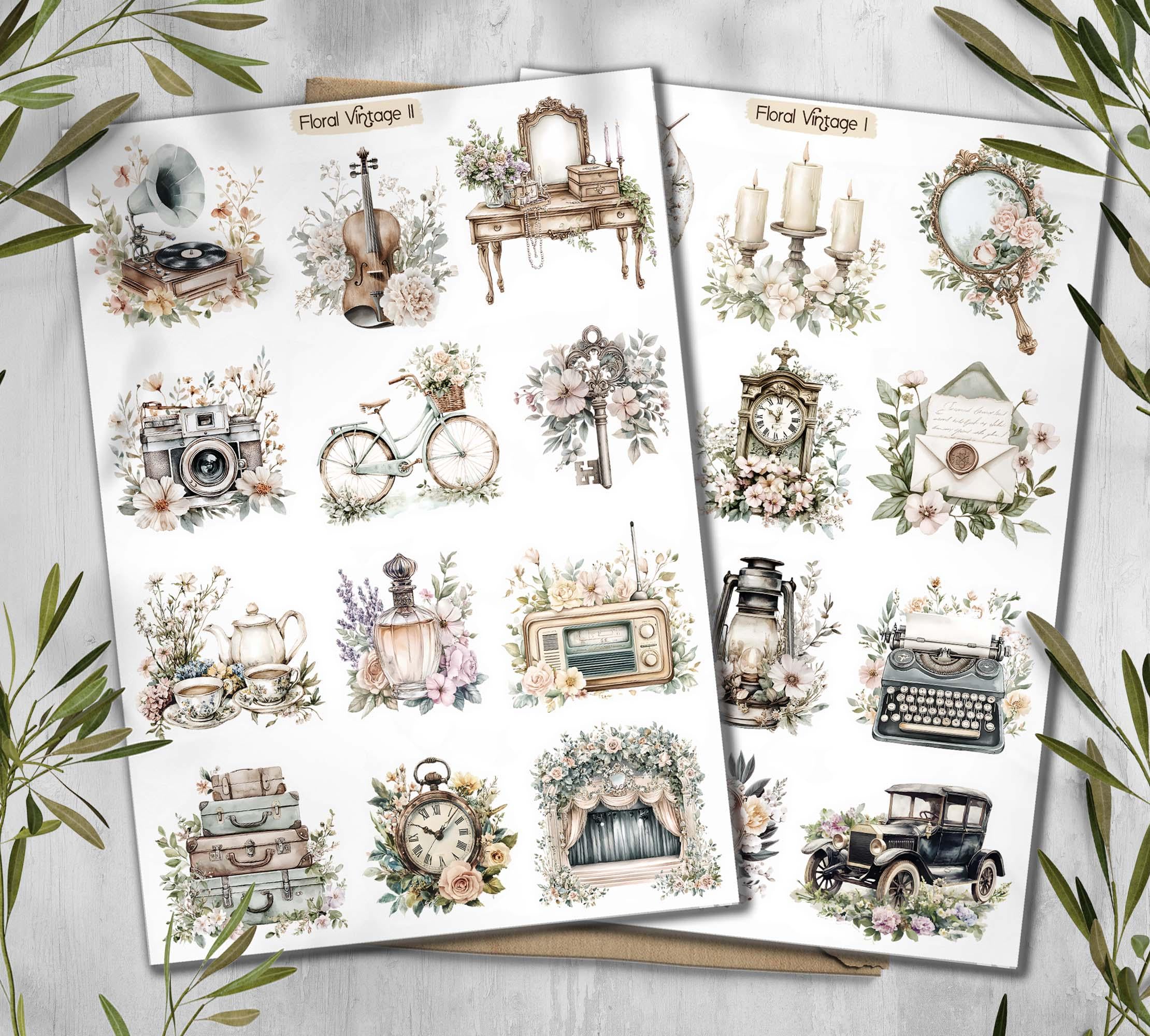 Vintage Floral Stickers: Books, Clock, Bike - Scrapbook Planner