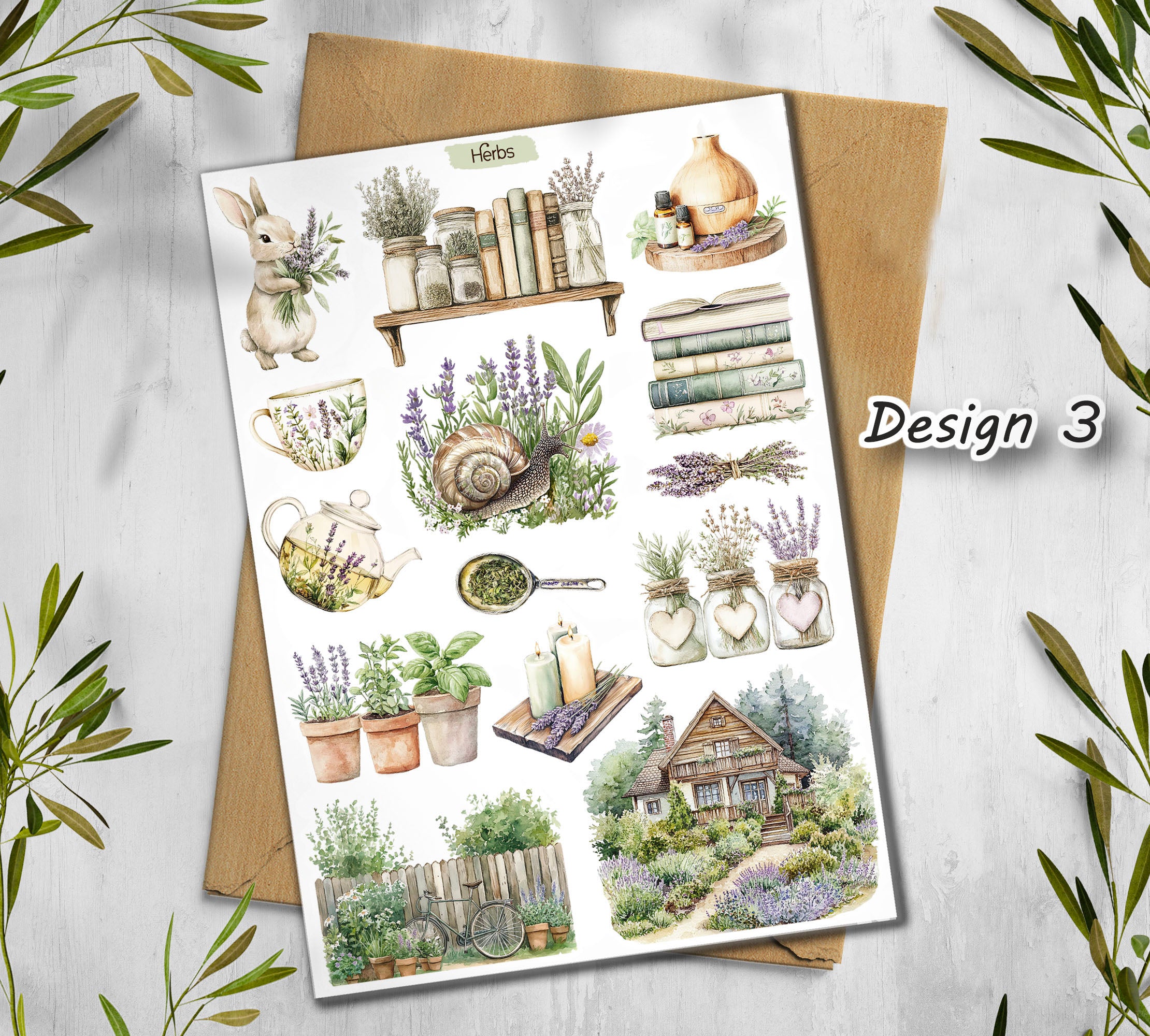 Sheet of decorative stickers with garden-themed illustrations
