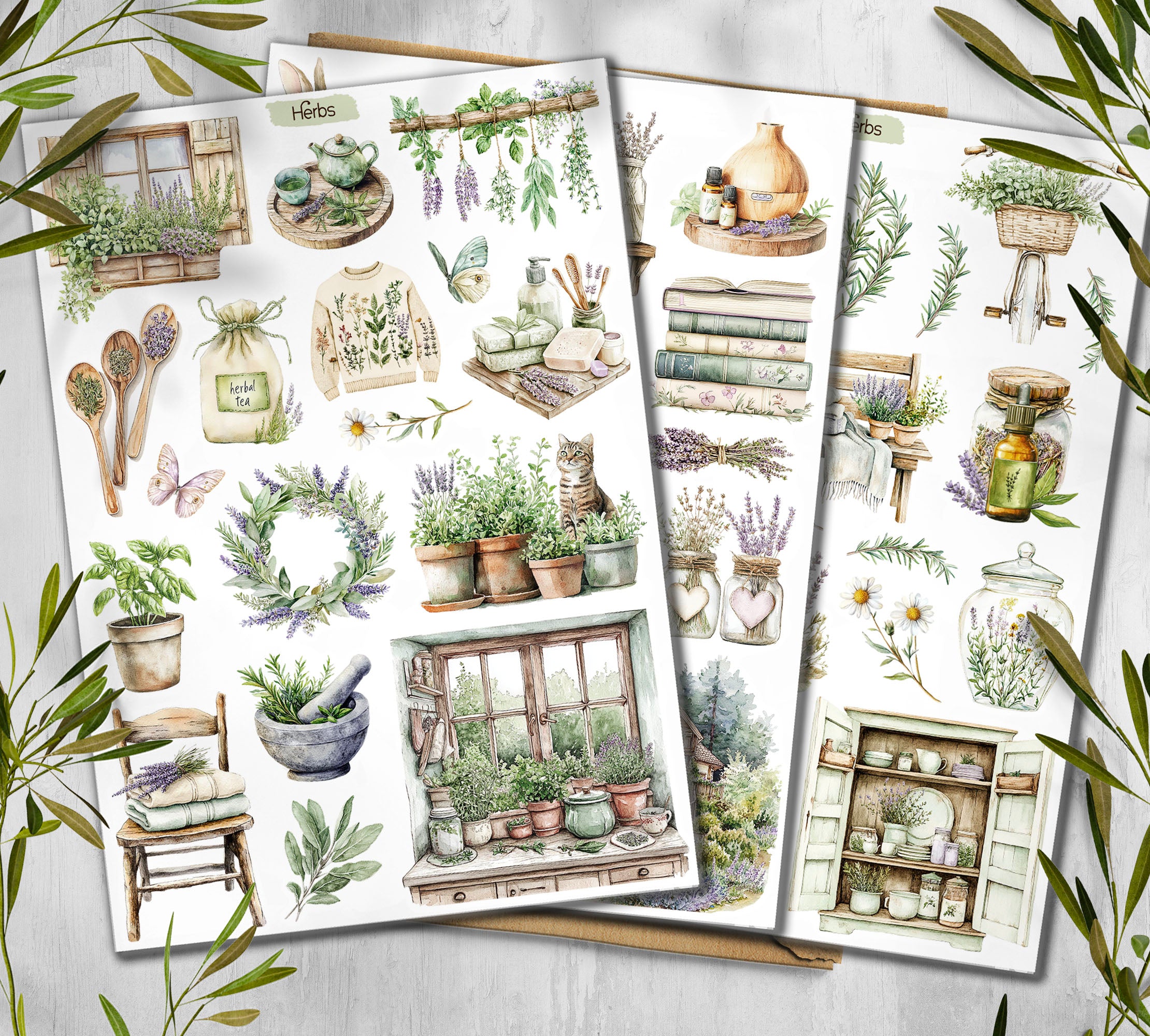 Set of botanical stickers with plants, pots, and kitchen items 