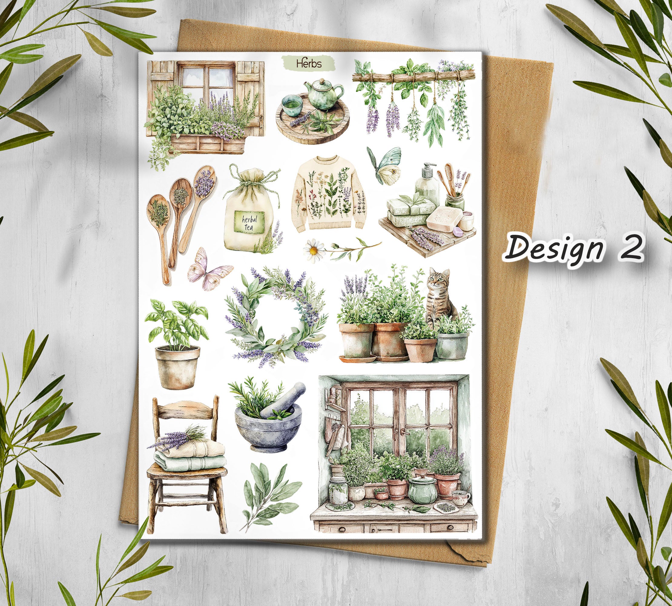 herbs stickers with nature-themed illustrations