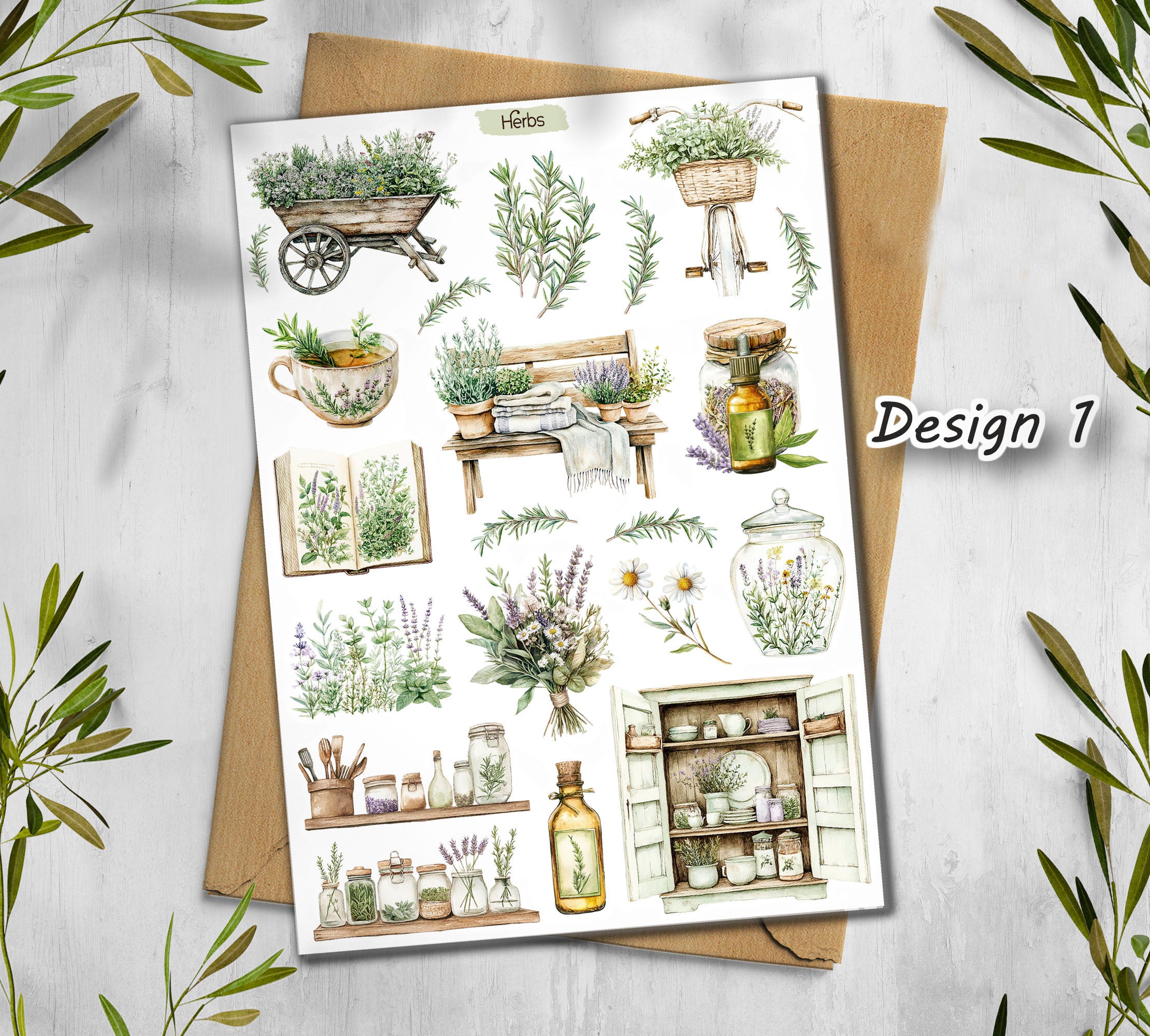 Sheet of stickers with garden-themed illustrations 