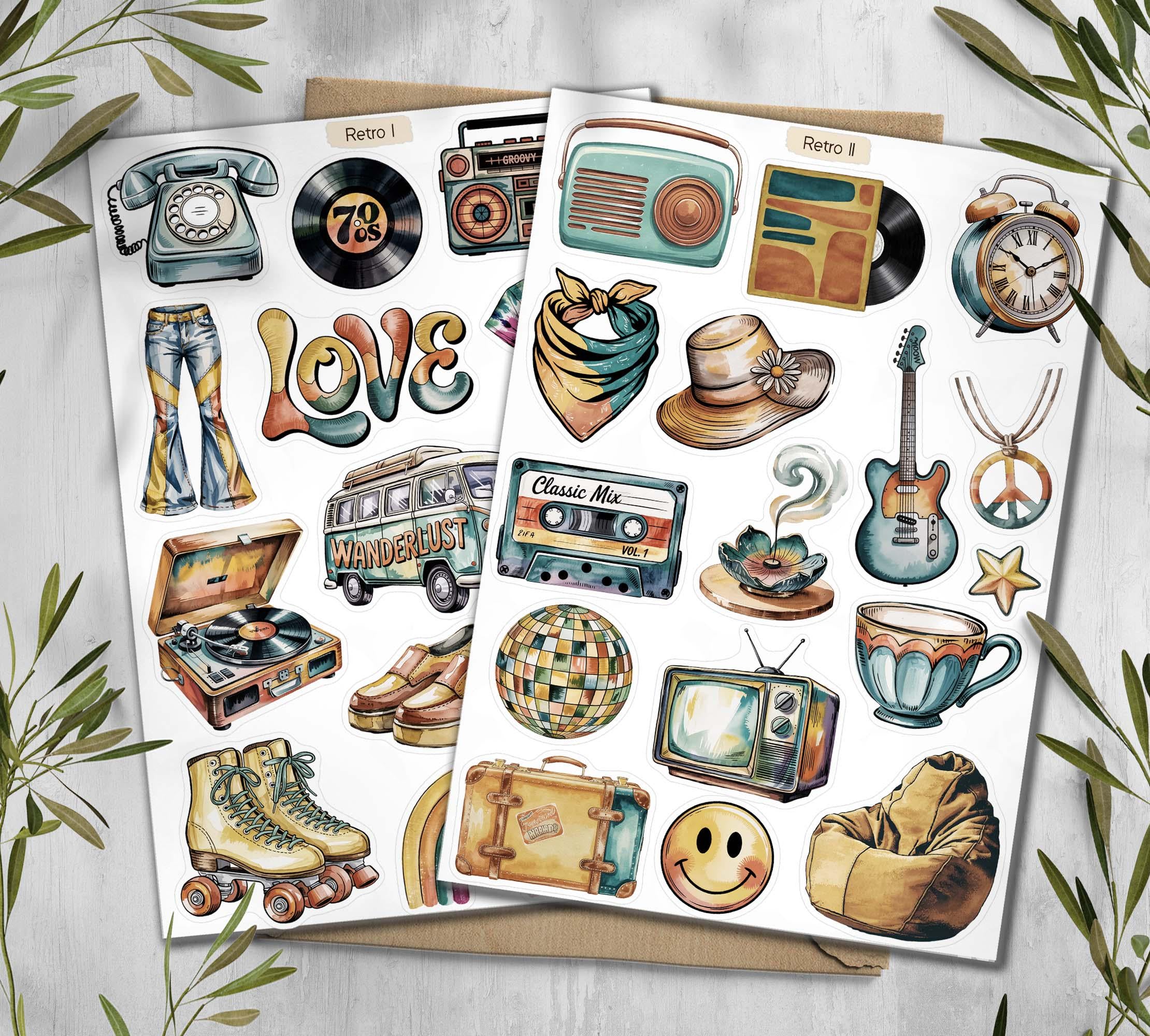 Retro Sticker Sheet. 70s Disco Style Stickers. Vintage Planner Scrapbooking Stickers