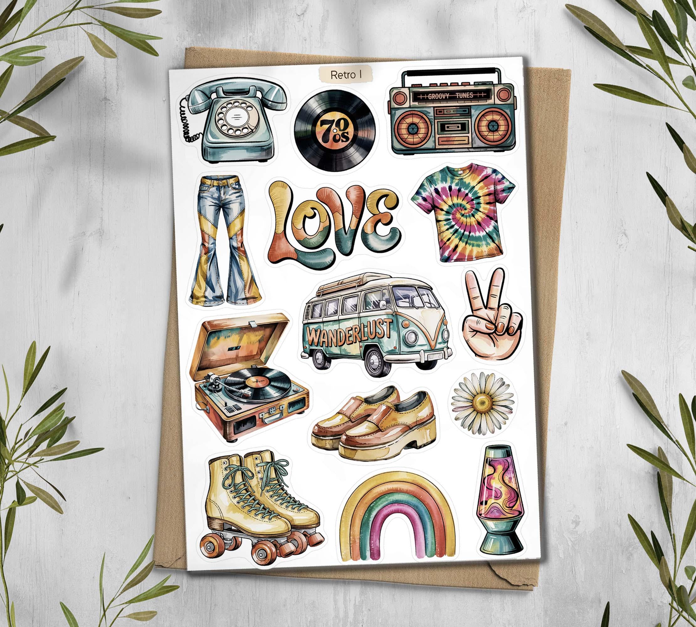 Retro Sticker Sheet. 70s Disco Style Stickers. Vintage Planner Scrapbooking Stickers