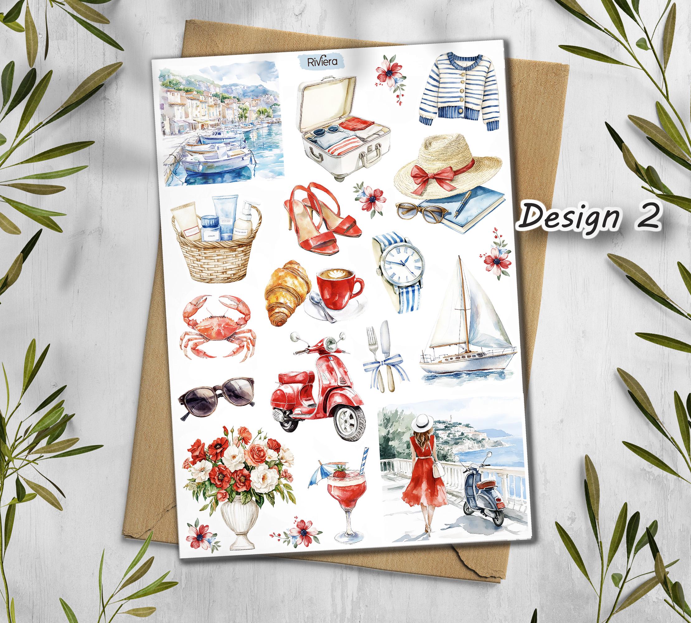 French Riviera Stickers. Summer Travel Scrapbook Stickers. Sea cost stickers