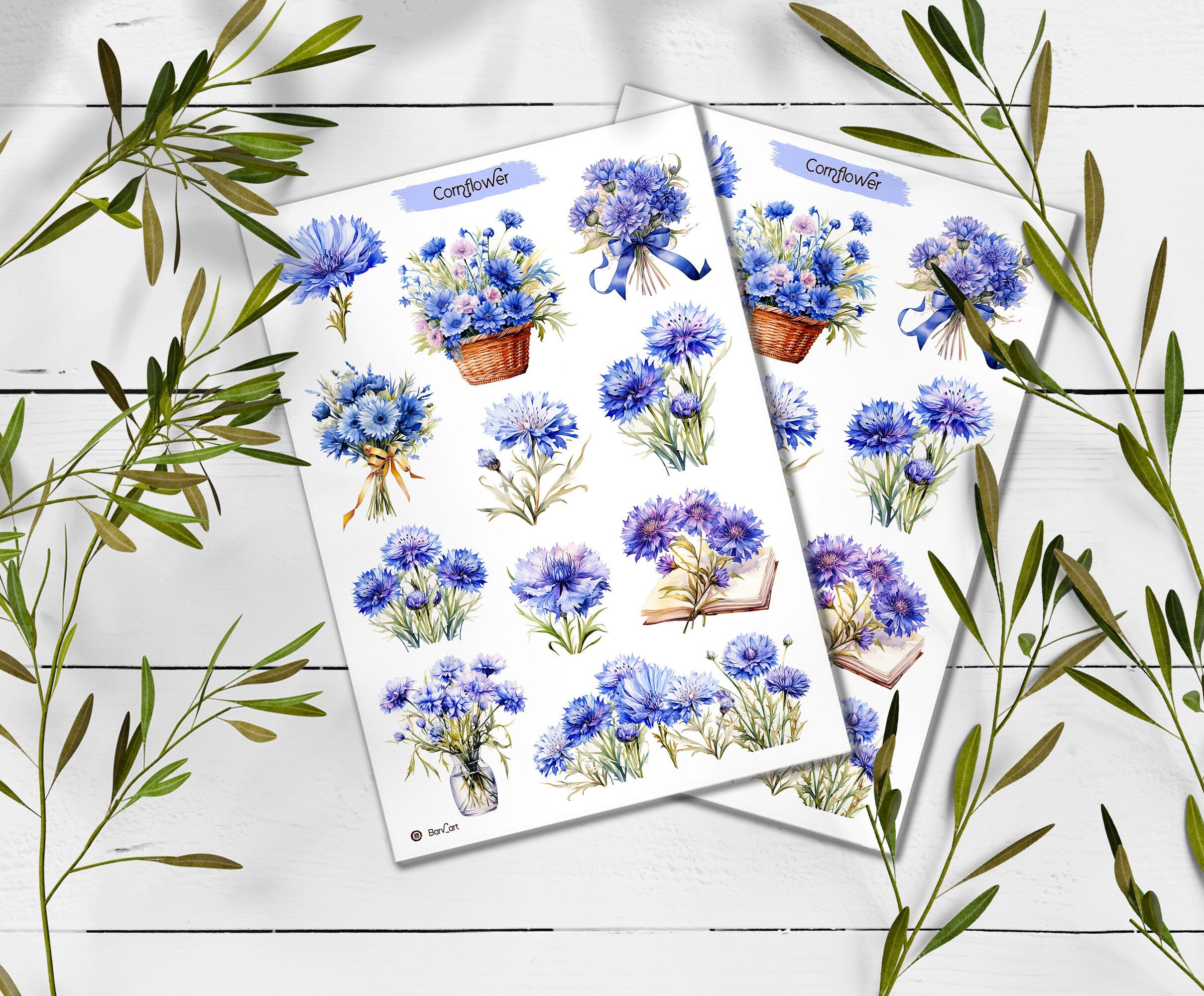 Cornflower Stickers: Blue Wildflower Scrapbooking Stickers