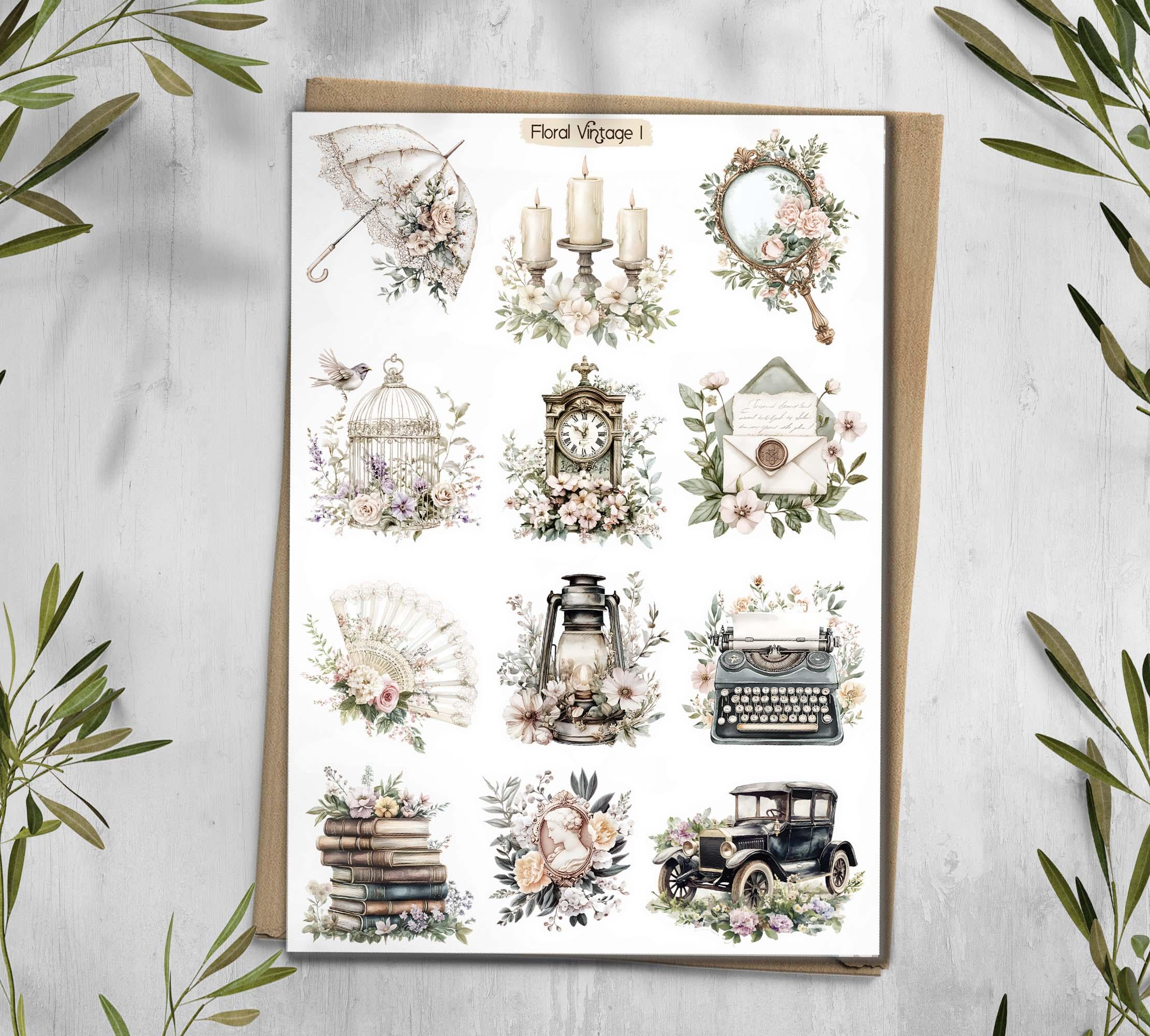 Vintage Floral Stickers: Books, Clock, Bike - Scrapbook Planner
