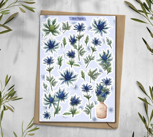 Blue Thistle Stickers. Globethistle Stickers. Thistle Flower Stickers. Planner, Journal, Scrapbooking