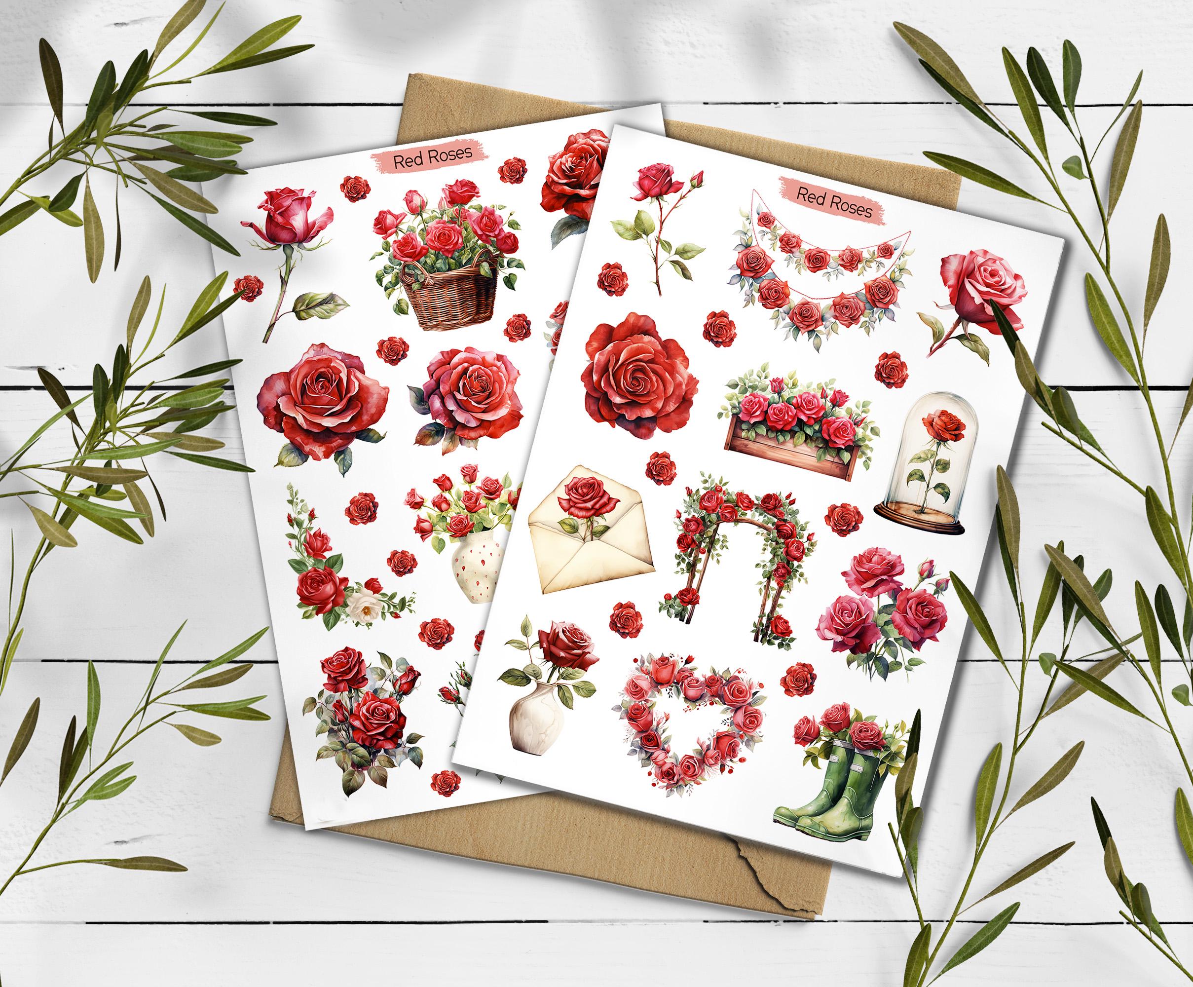 Red Rose Stickers: Floral Planner Stickers, Scrapbooking