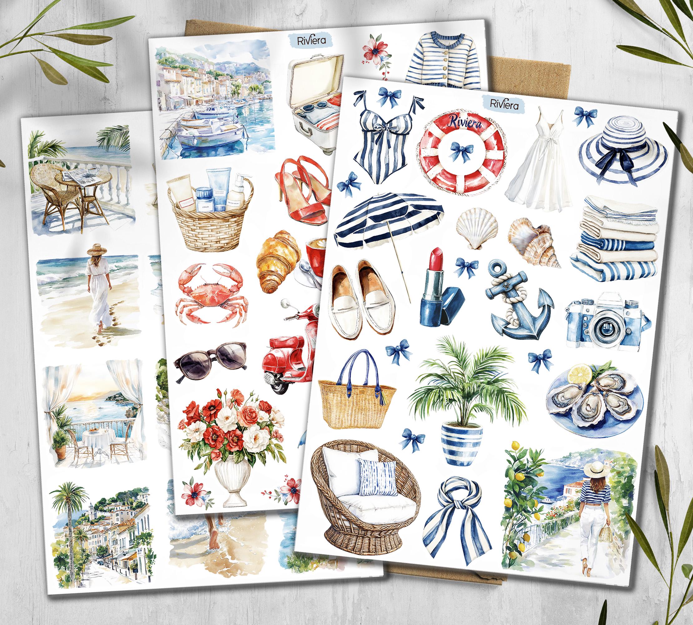 French Riviera Stickers. Summer Travel Scrapbook Stickers. Sea cost stickers