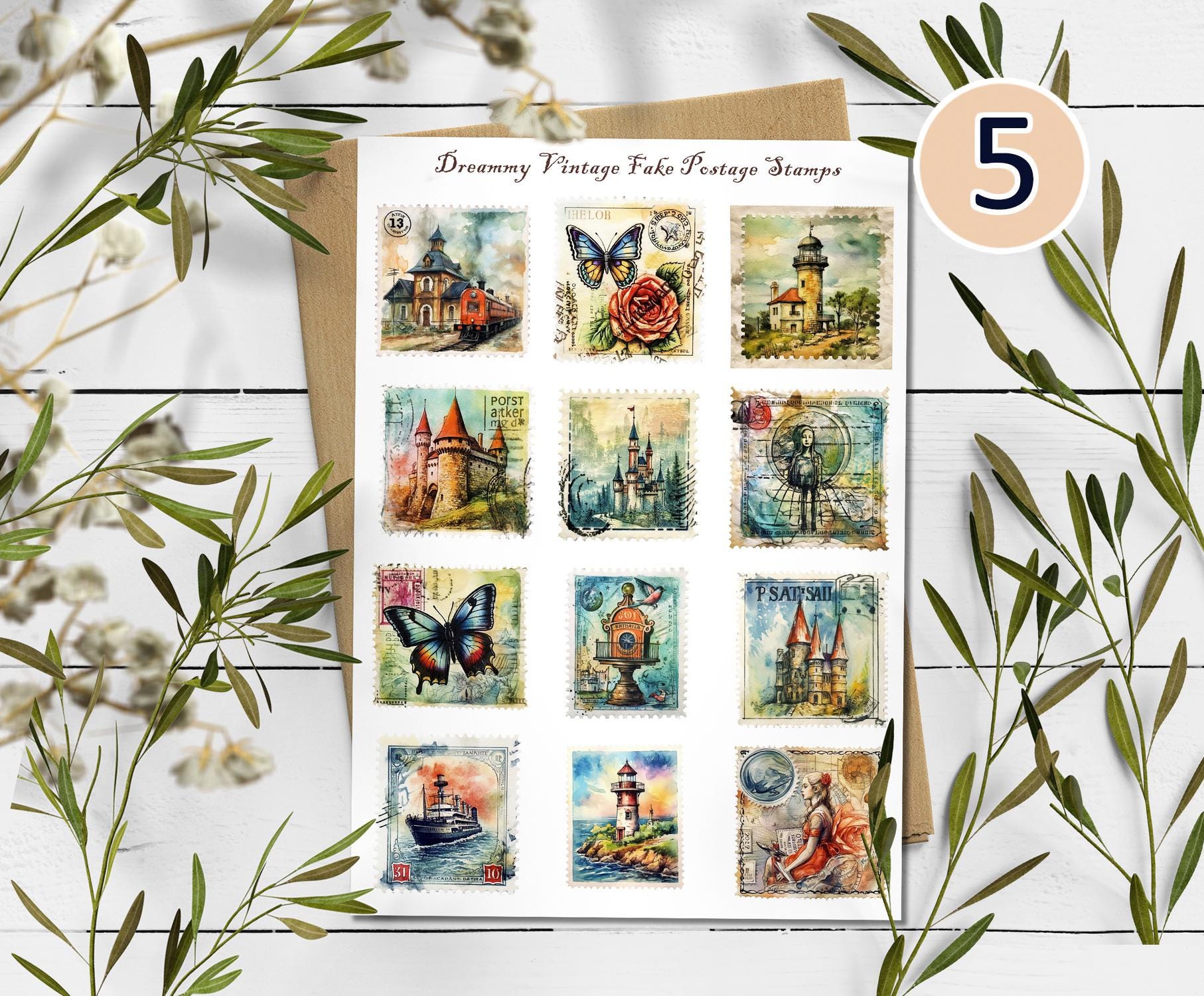 Vintage Style Stamp Stickers: Scrapbook Planner Stickers. Fake stamps stickers