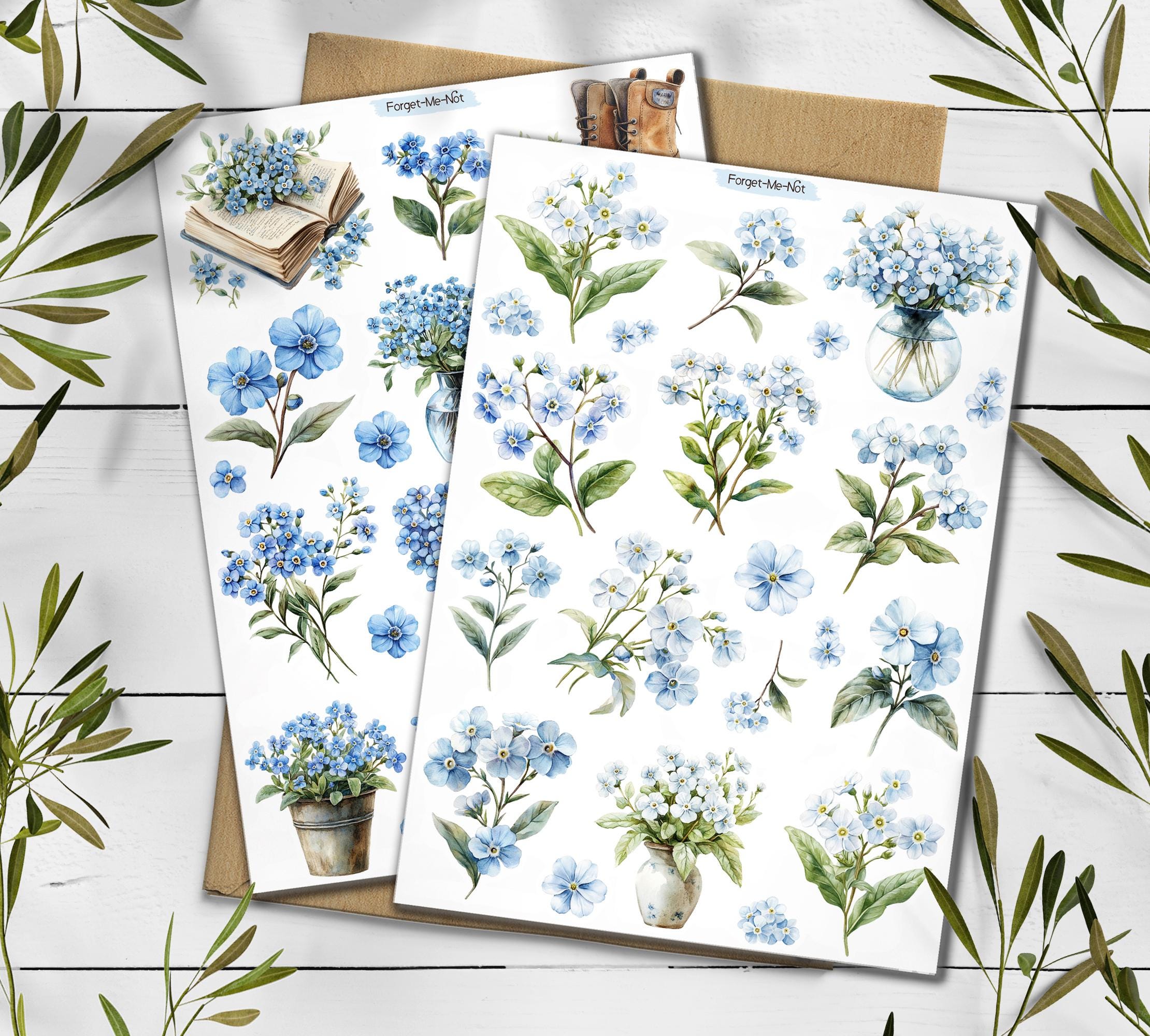Forget Me Not Flower Stickers. Blue Wildflower Spring Sticker Sheet