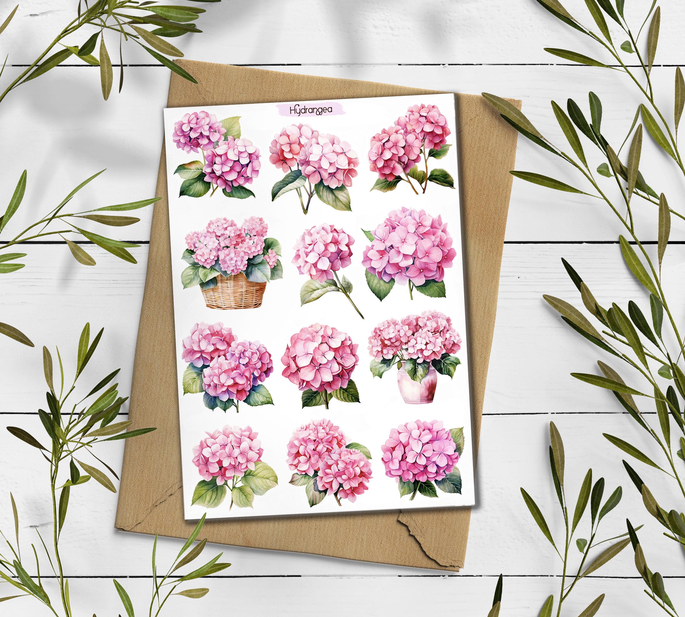 Hydrangea stickers. White Hydrangea Stickers. Blue Hydrangea Flower Stickers. Summer Blossom Stickers. Bullet Journal. Garden Scrapbooking