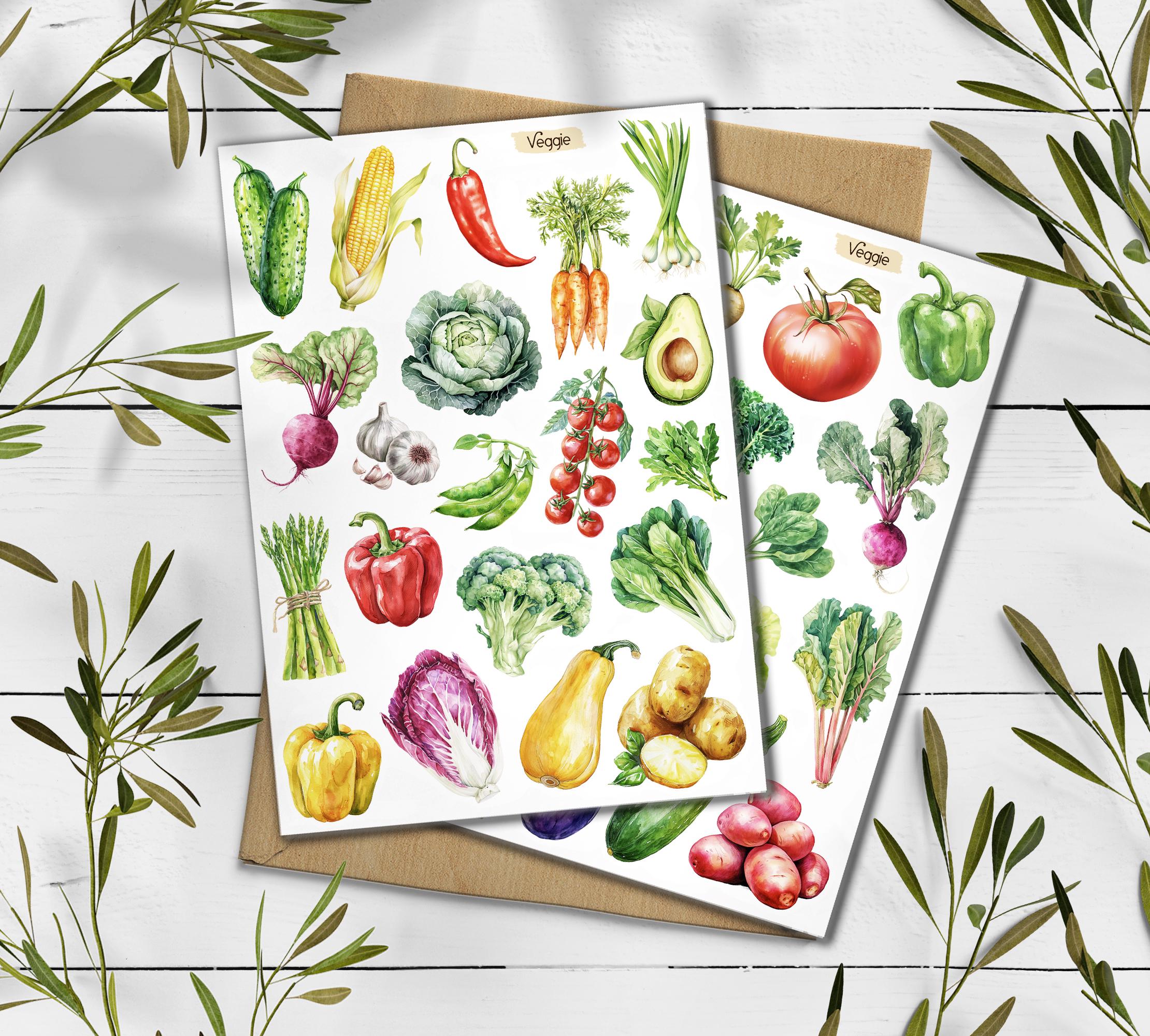 Vegetable & Fruit Stickers. Veggie Planner, Journal, Scrapbooking Stickers. Food market Stickers.