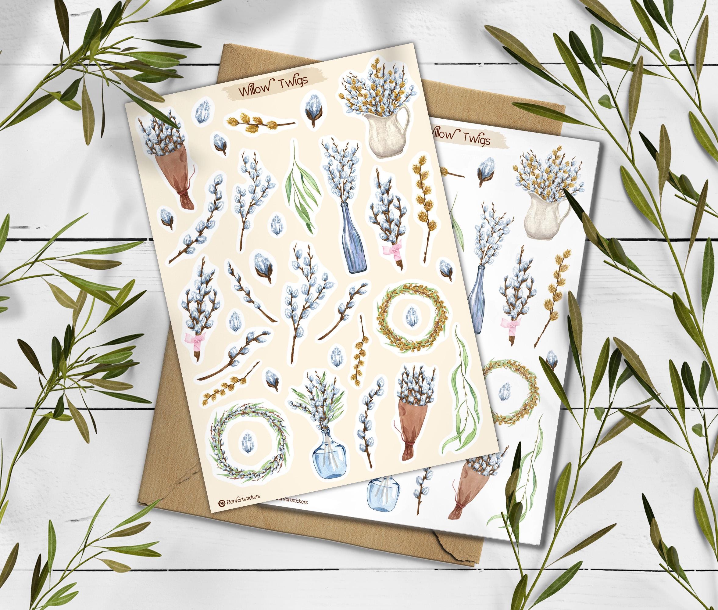 Pussy Willow Stickers. Willow Twig. Easter Sticker Pack. Spring Stickers. Bullet Journal, White flower Sticker Sheet. Floral Sticker.