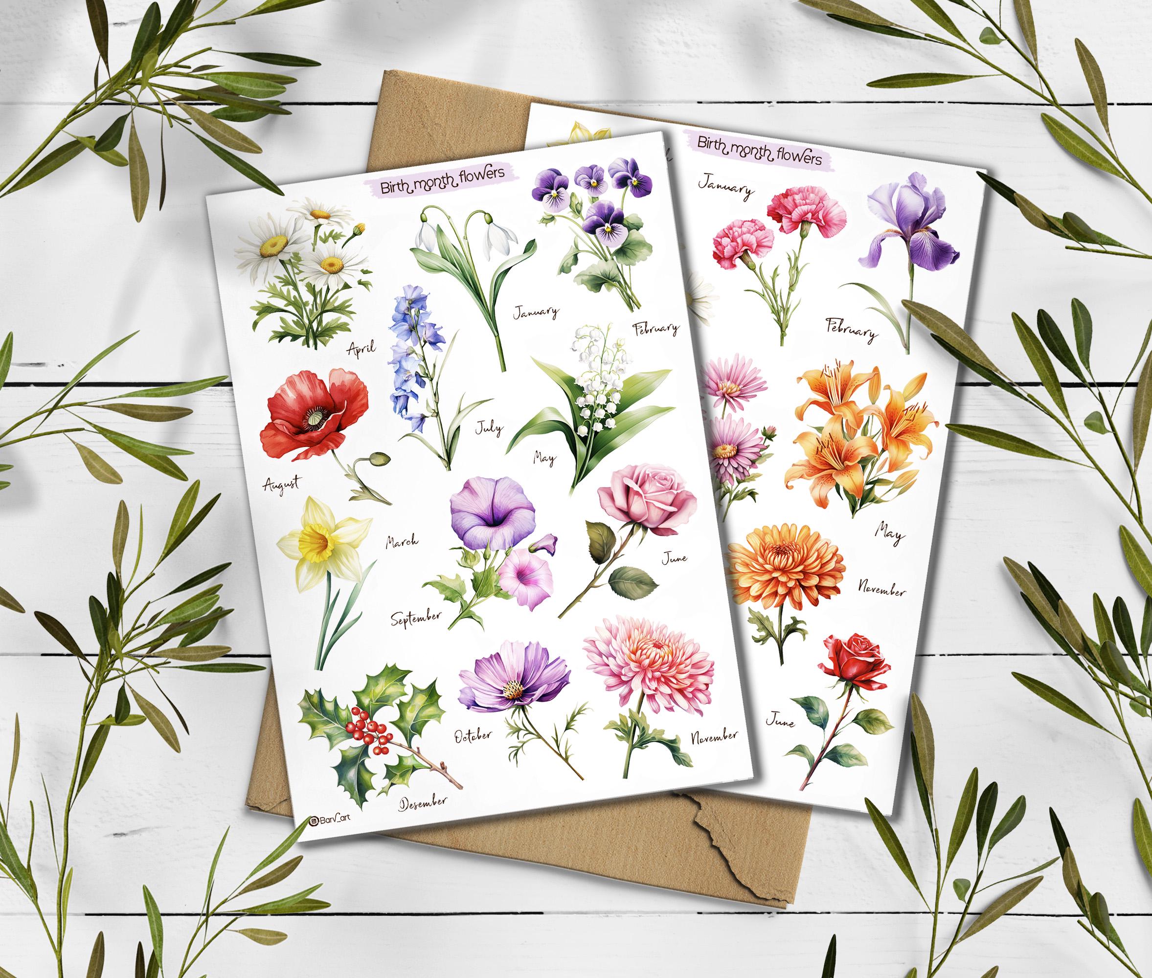Birth Month Flower Stickers: Botanical Wildflower Scrapbooking Stickers