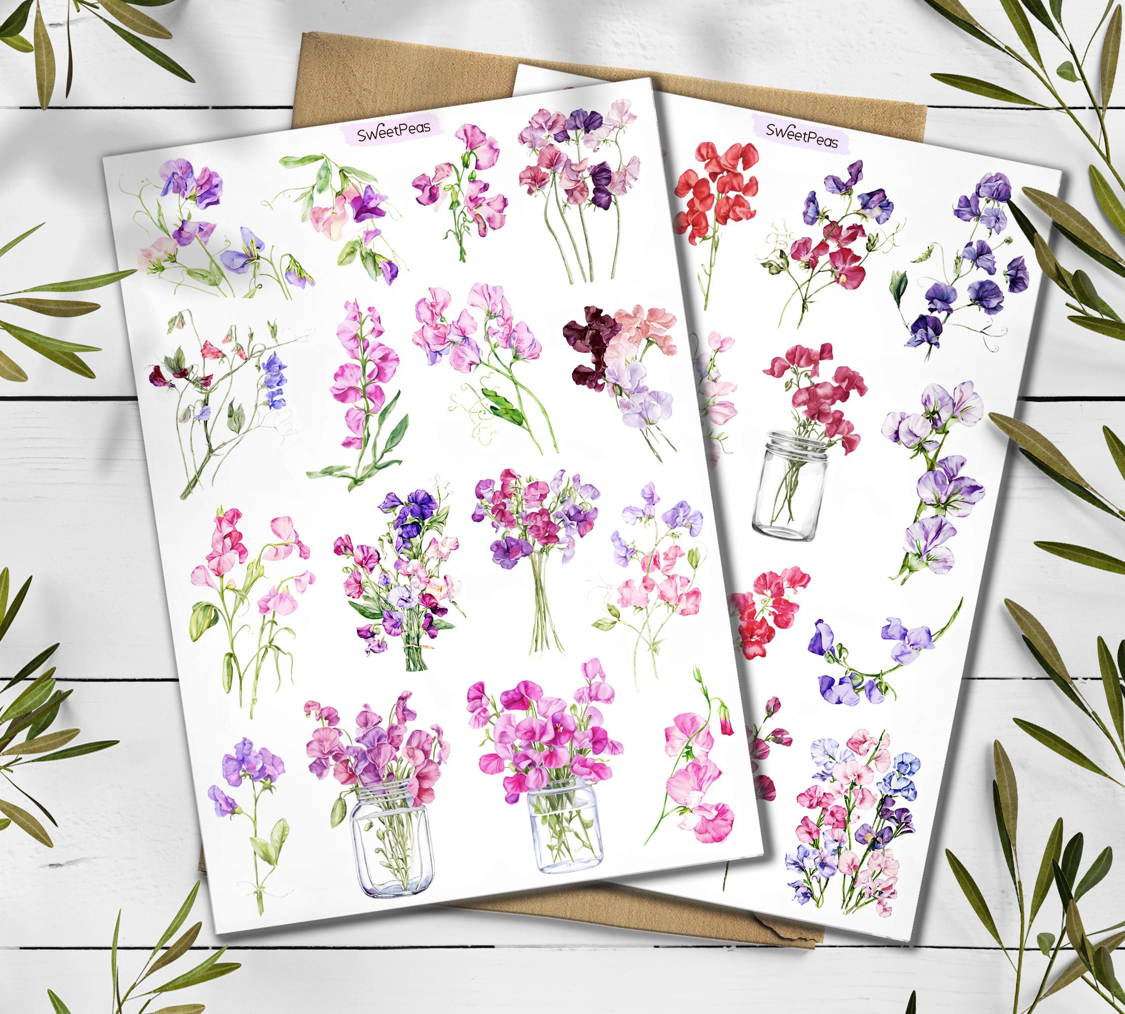 Sweetpeas Flower Stickers: Botanical Scrapbooking Stickers