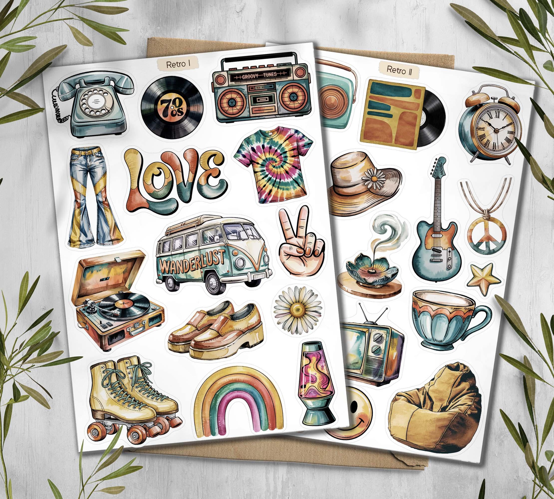 Retro Sticker Sheet. 70s Disco Style Stickers. Vintage Planner Scrapbooking Stickers