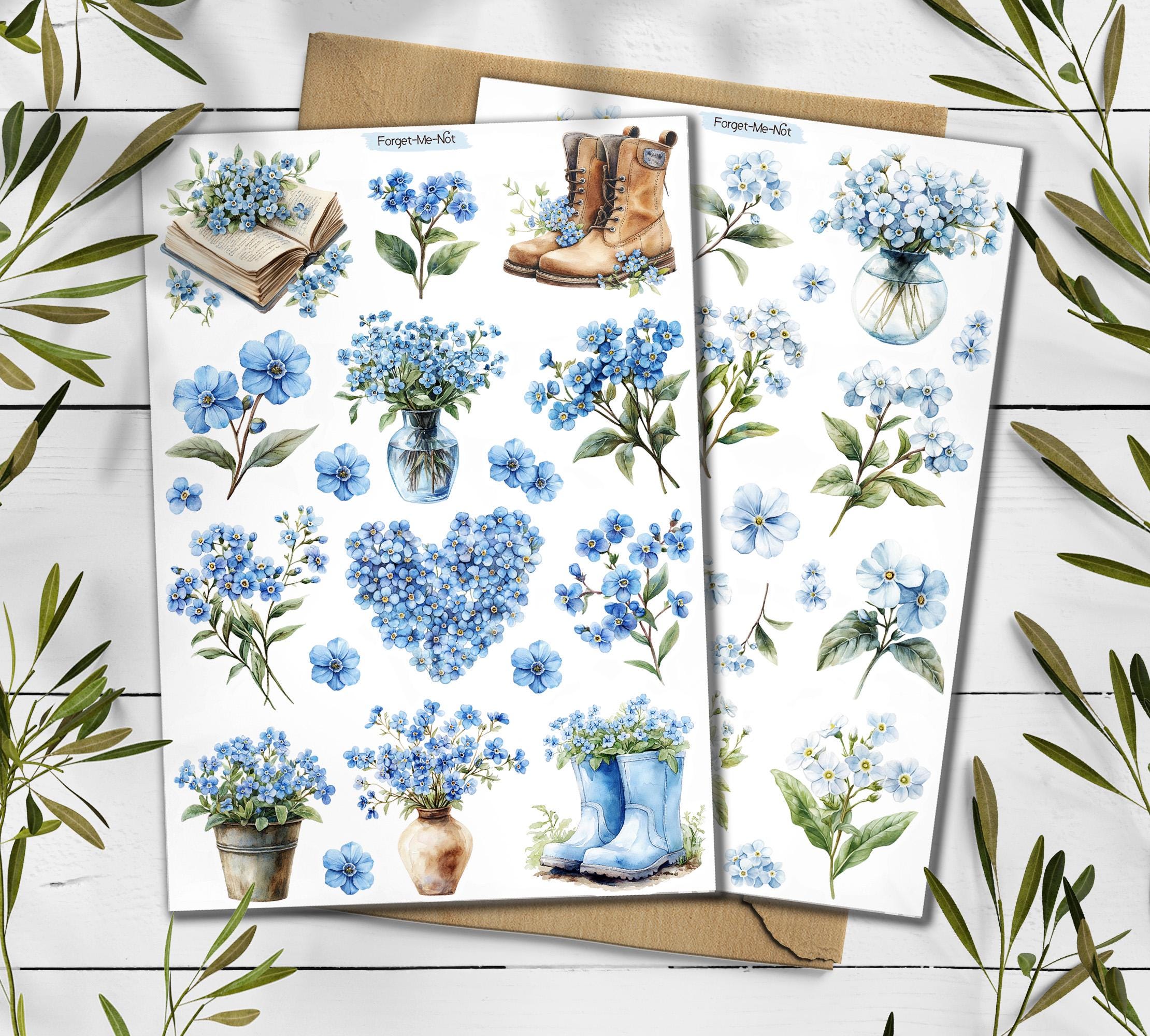 Forget Me Not Flower Stickers. Blue Wildflower Spring Sticker Sheet