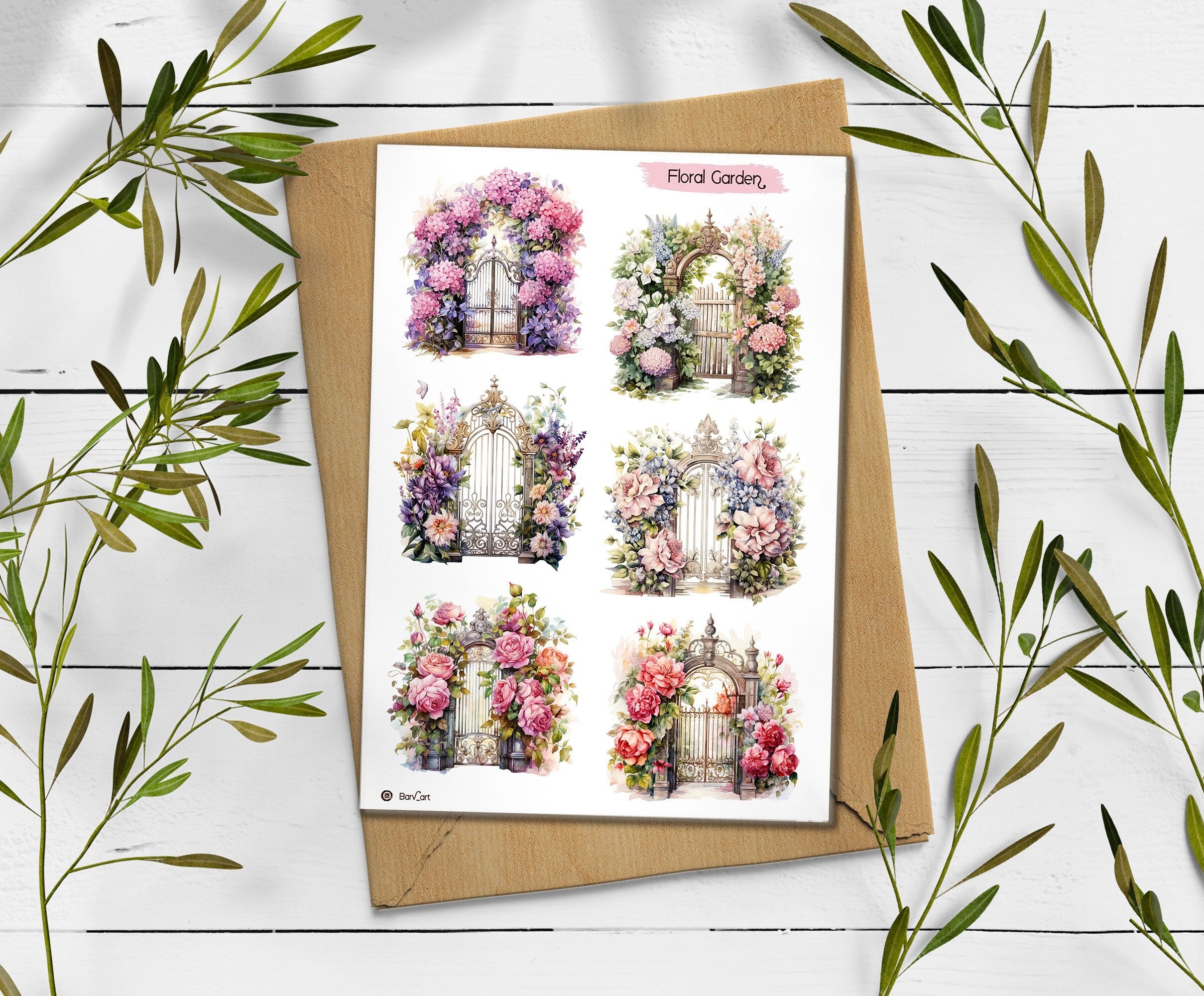 Floral Garden Gates Sticker Sheet: Scrapbook Planner Stickers