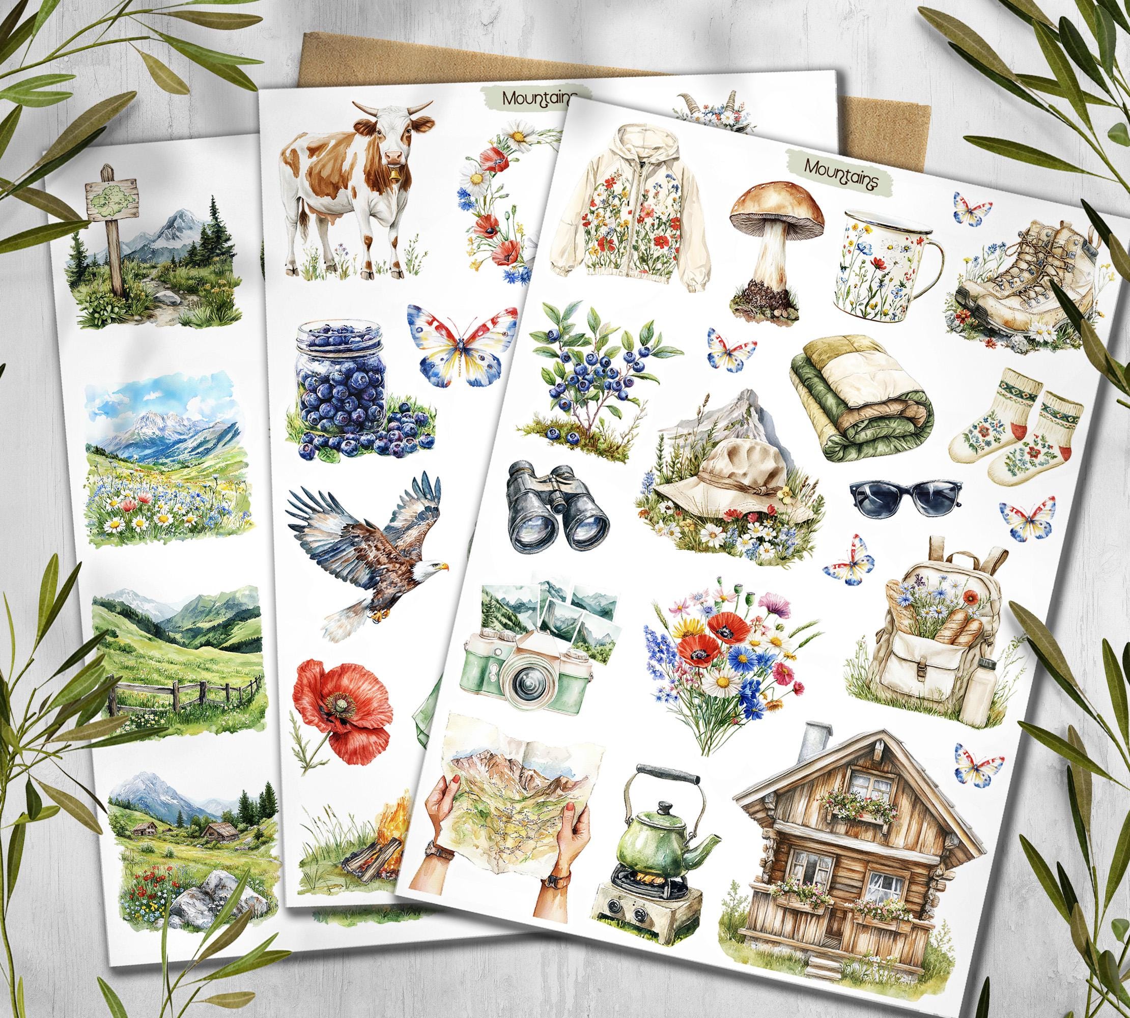 Mountains & Hiking Stickers: Cottagecore Scrapbook, Planner Stickers
