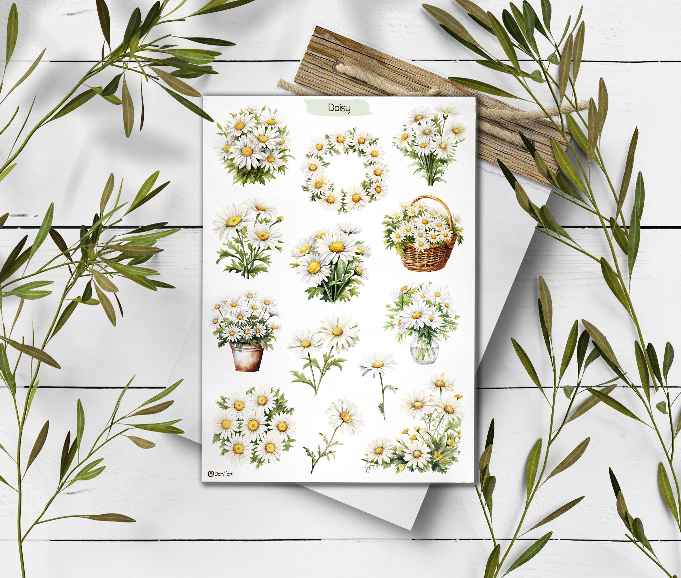 Daisy Sticker Sheet: Watercolor Wildflowers, Spring Planner Stickers