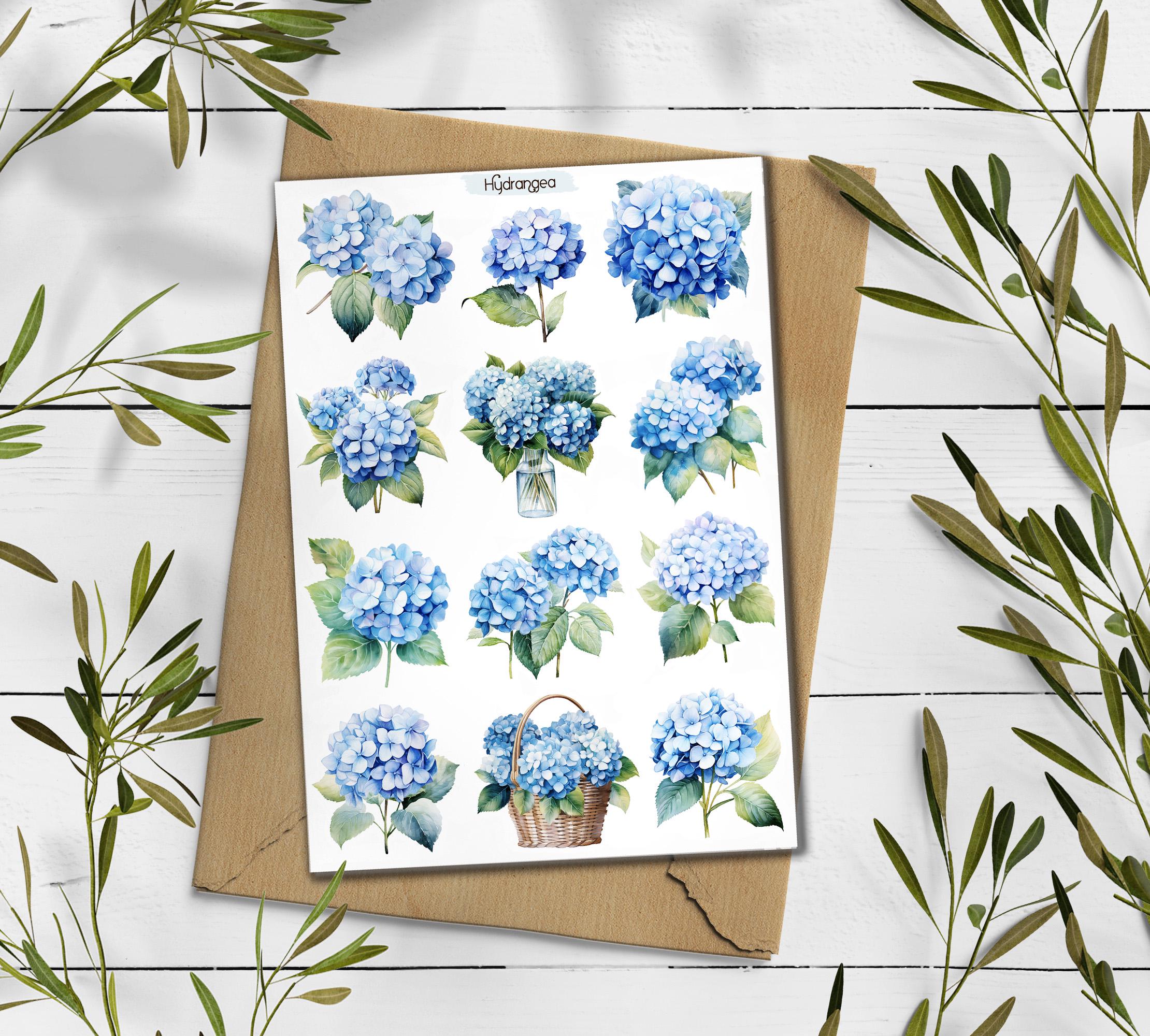 Hydrangea stickers. White Hydrangea Stickers. Blue Hydrangea Flower Stickers. Summer Blossom Stickers. Bullet Journal. Garden Scrapbooking