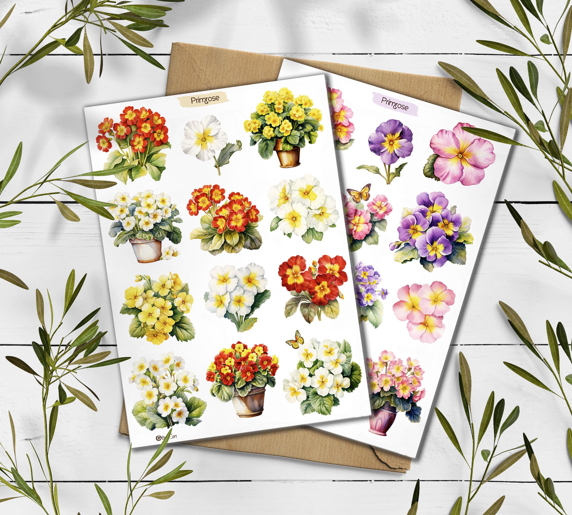 Primrose Floral Stickers: Spring Blossom Scrapbooking, Planner Stickers