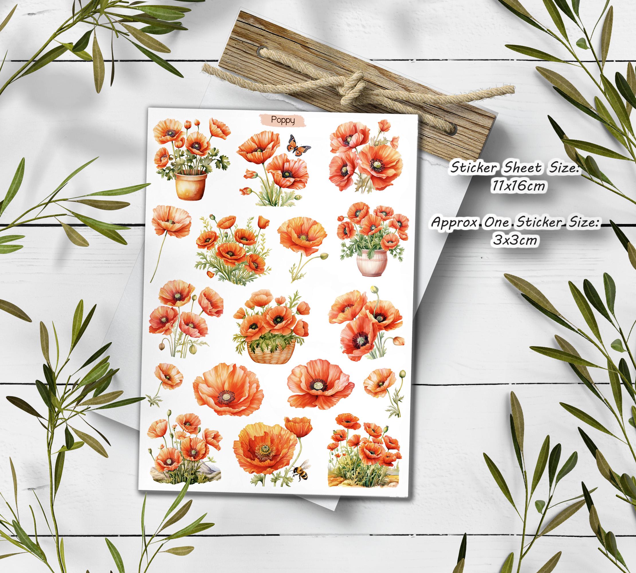 Red Poppy Stickers: Wildflower Scrapbooking Stickers
