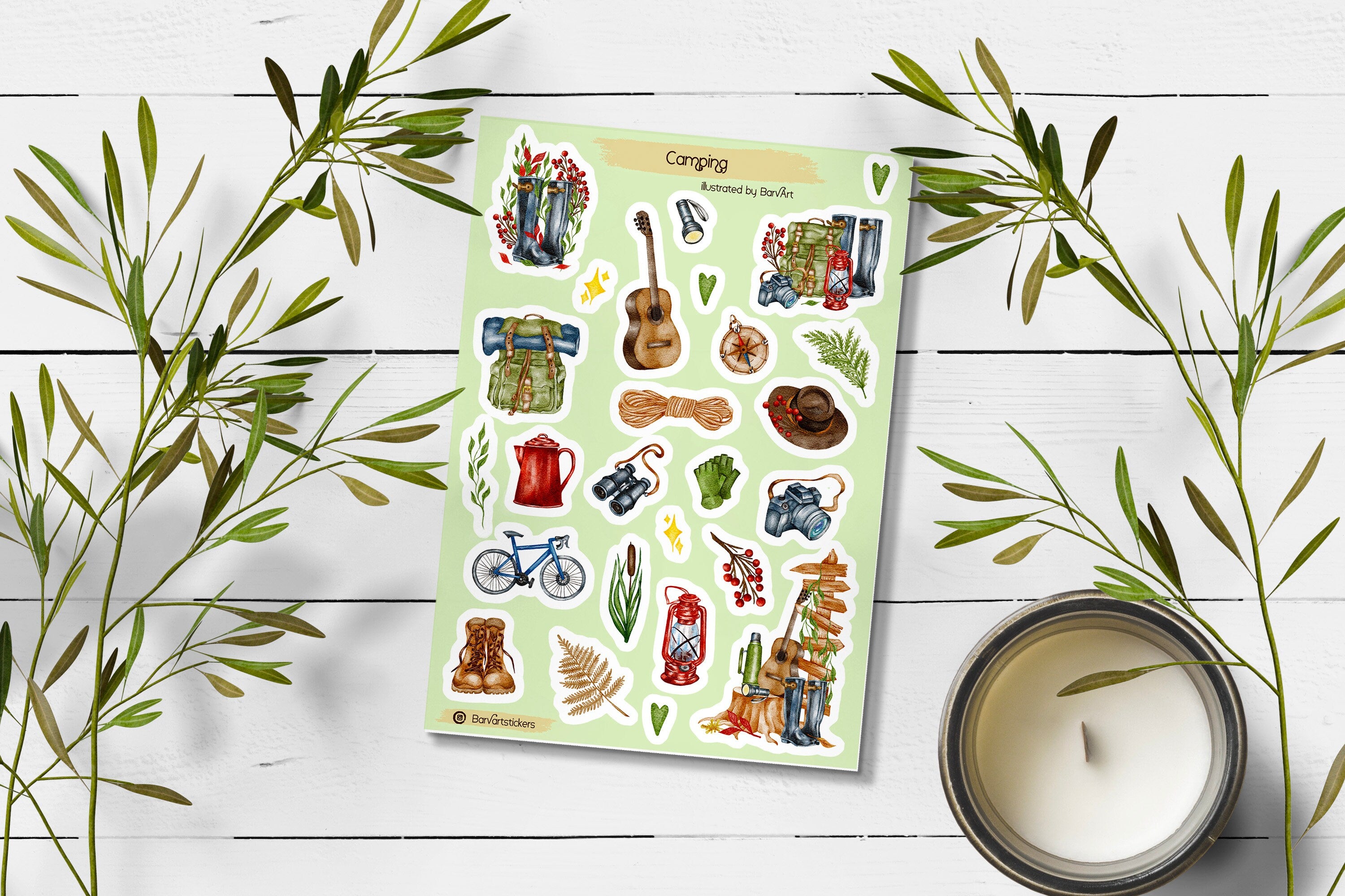 Camping Watercolor Sticker Sheet: Hiking, Backpacking, Journal