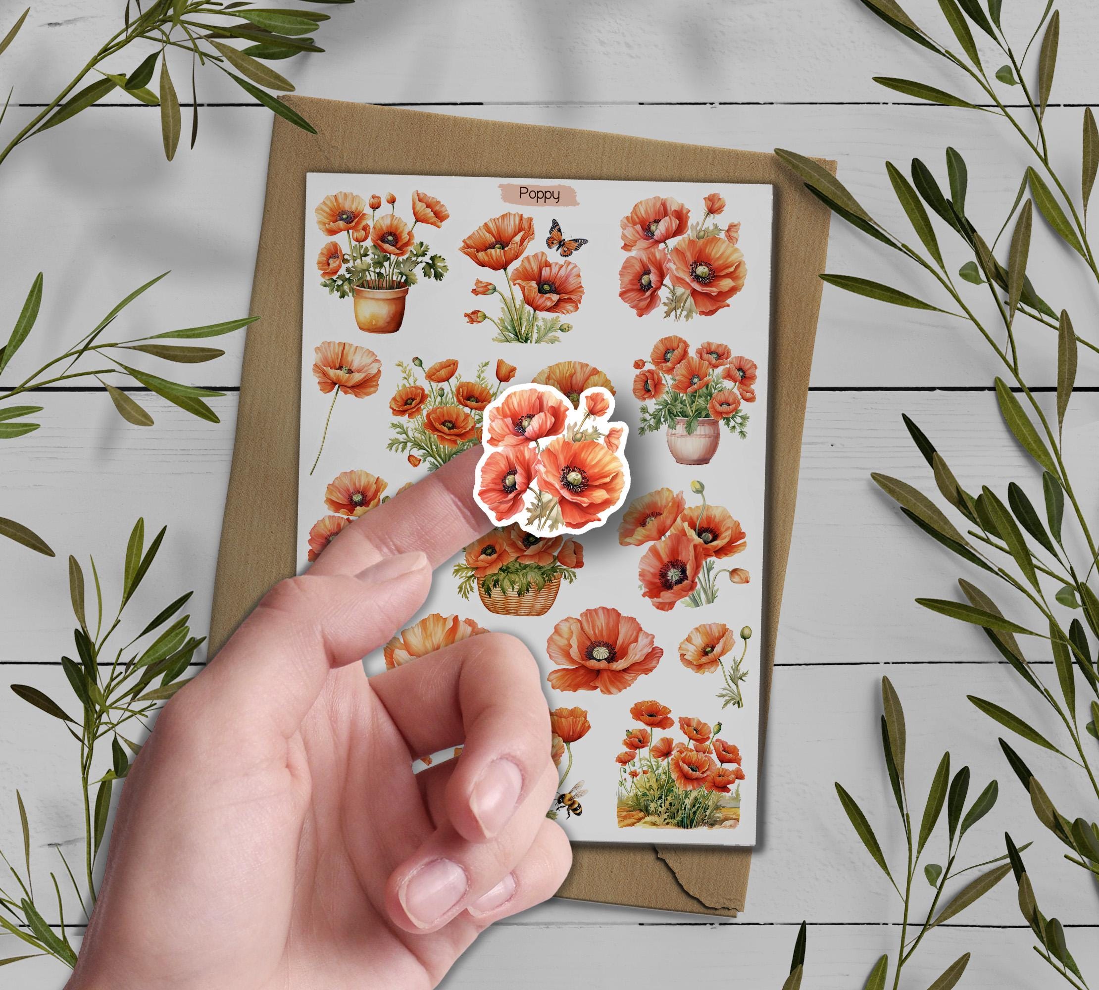 Red Poppy Stickers: Wildflower Scrapbooking Stickers