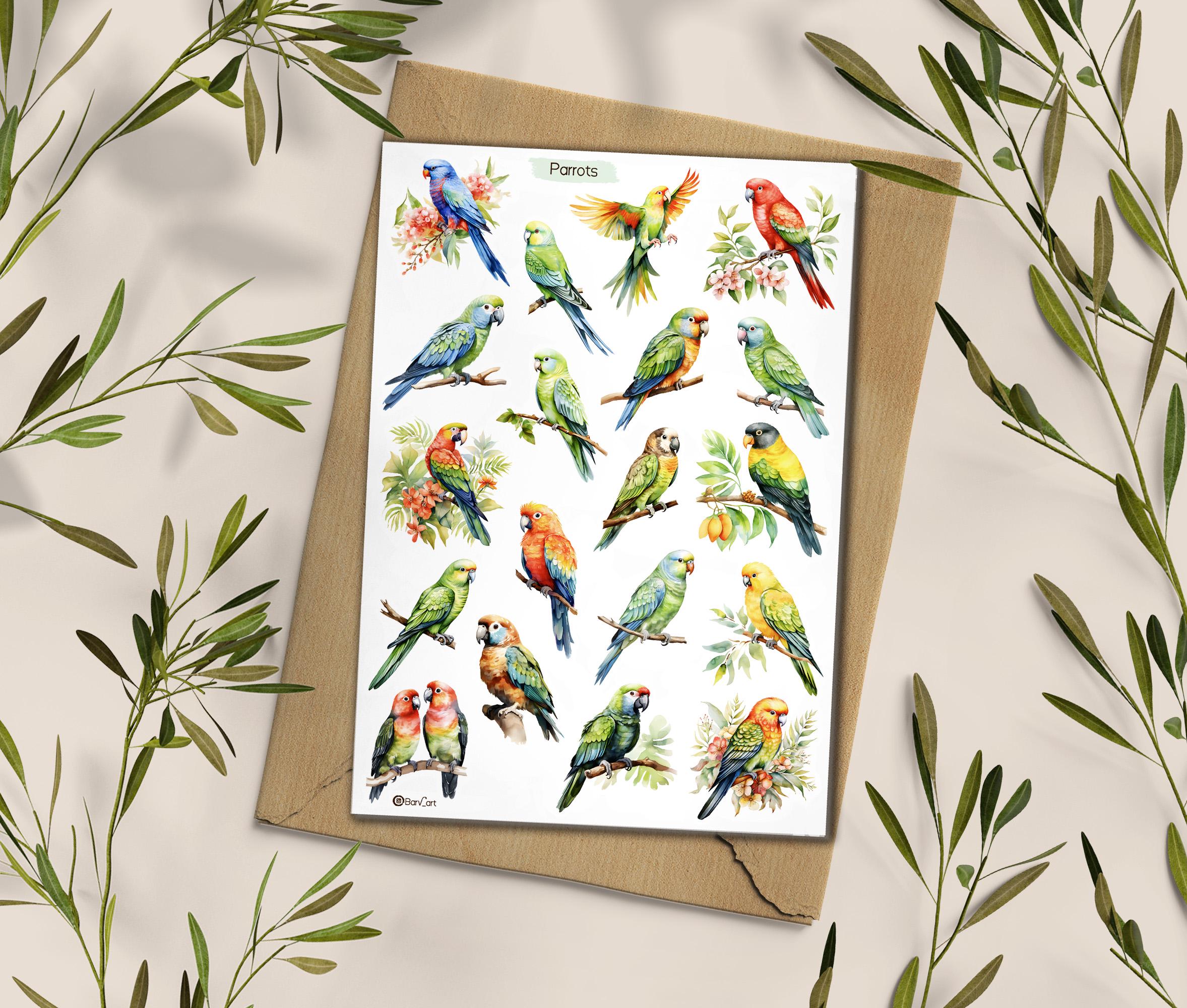 Parrot Watercolour Stickers. Birds Planner Stickers