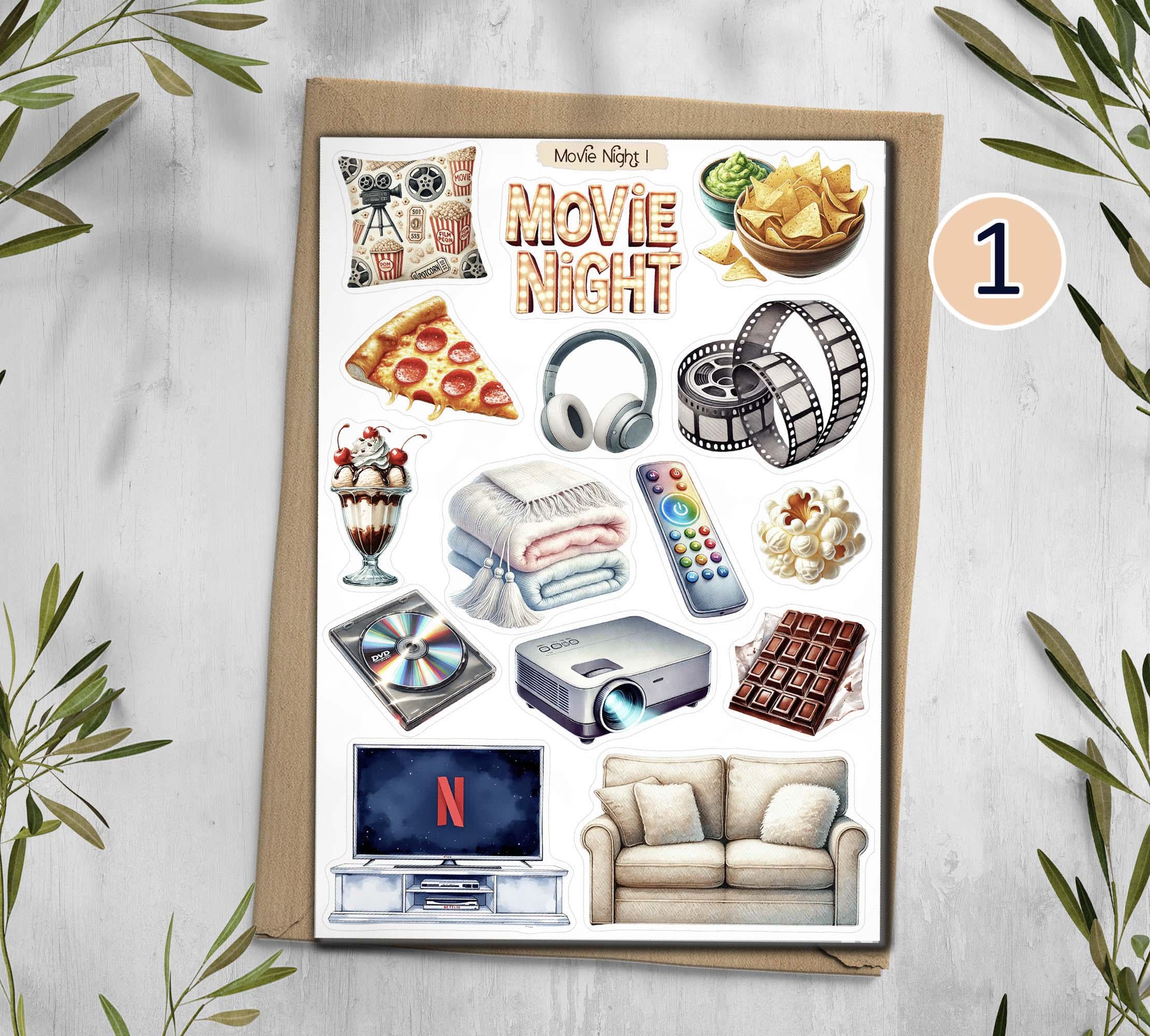 Movie Night Planner Stickers. Cinema Scrapbooking Stickers. Theatre Hobby Decals