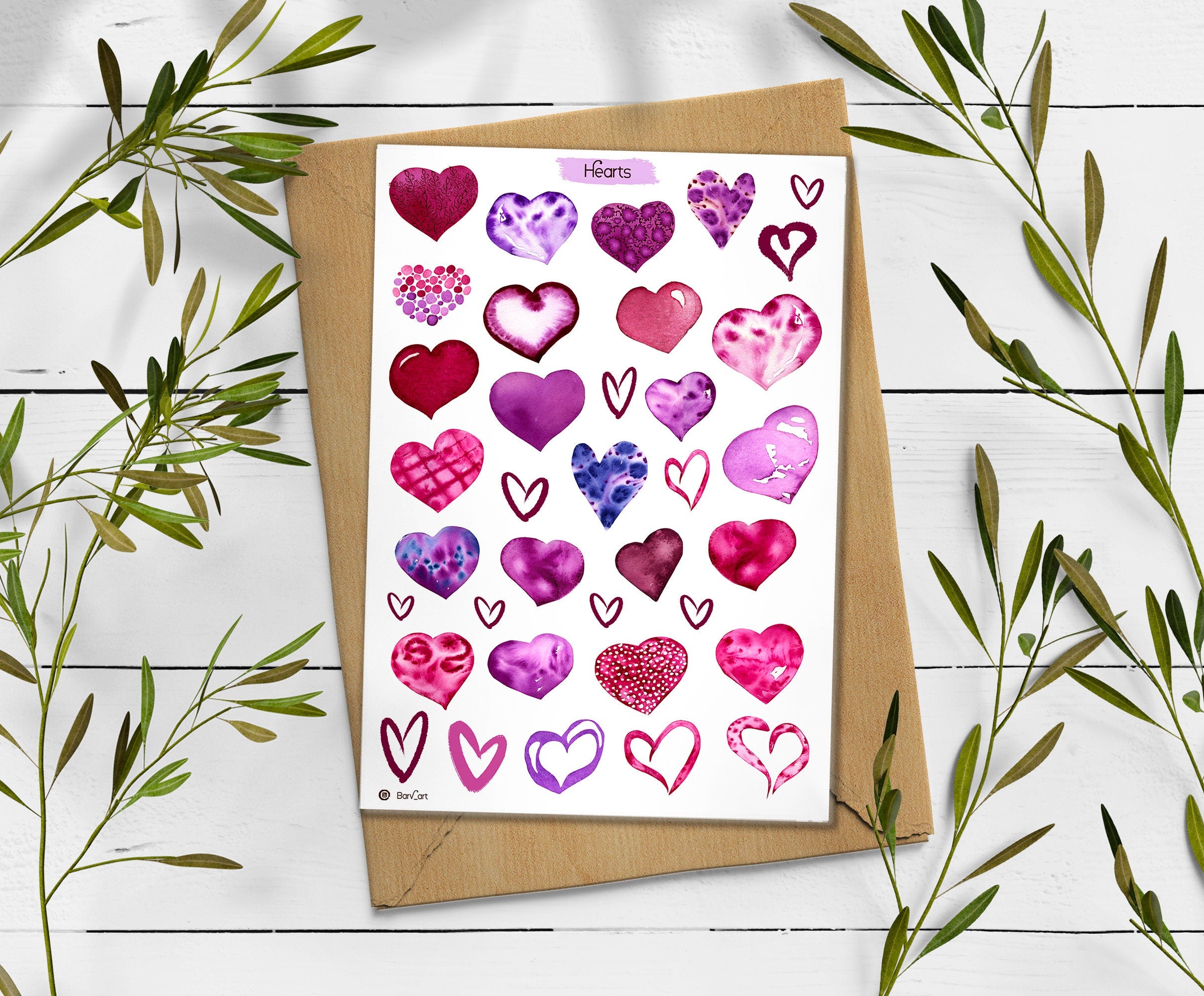 Watercolor Hearts Sticker Sheet: Planner, Journal, Scrapbook