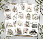 Vintage Floral Stickers: Books, Clock, Bike - Scrapbook Planner