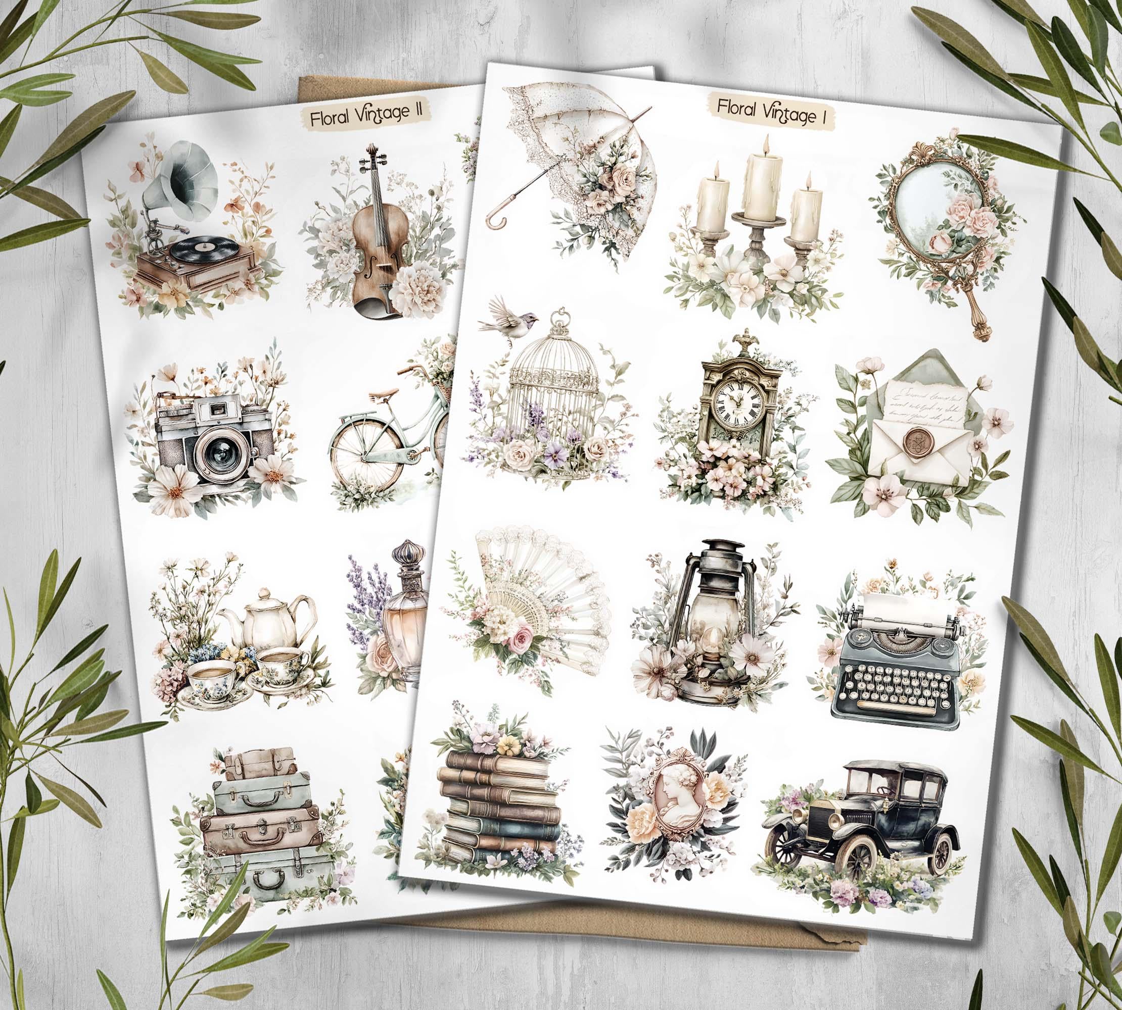 Vintage Floral Stickers: Books, Clock, Bike - Scrapbook Planner