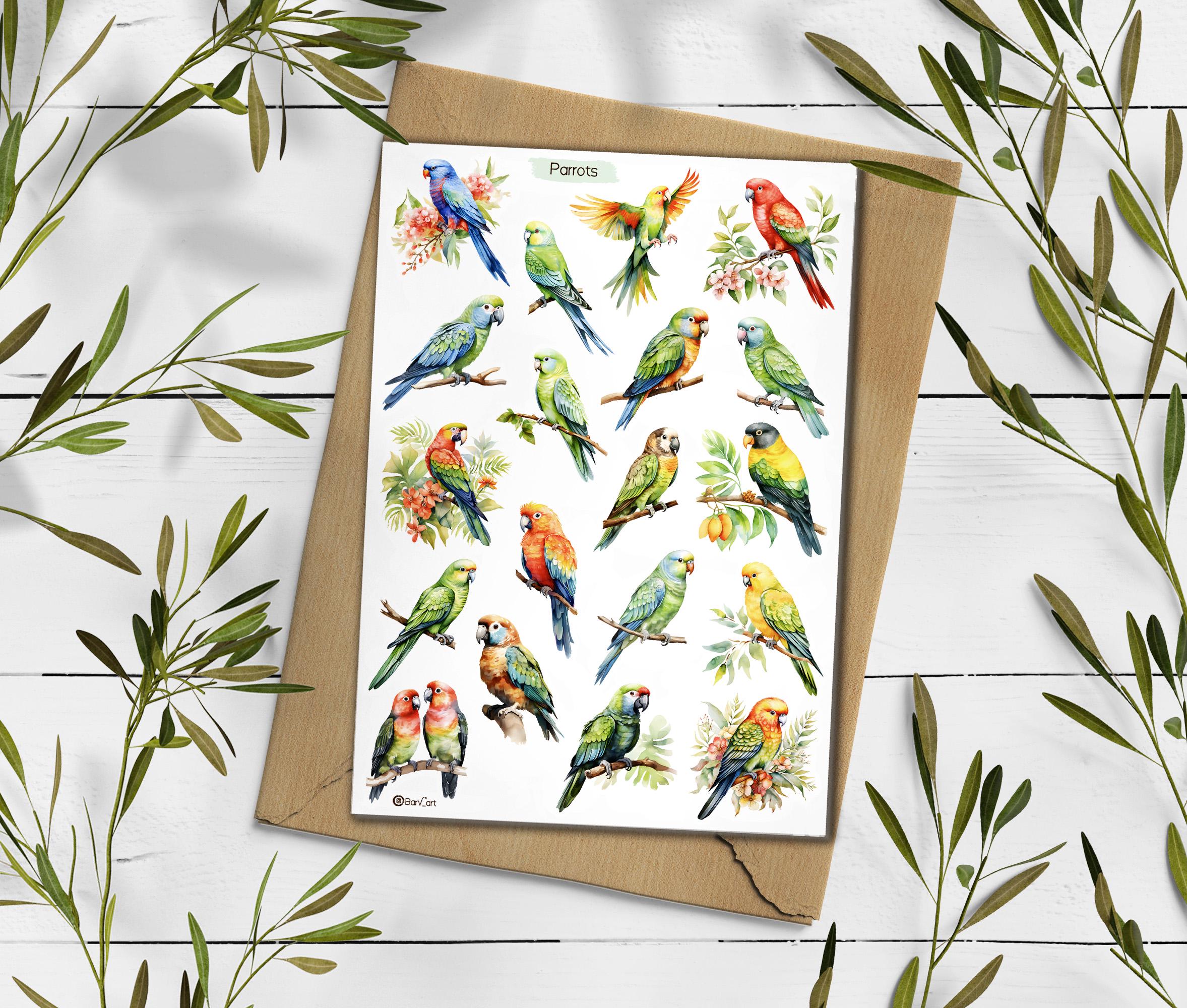 Parrot Watercolour Stickers. Birds Planner Stickers