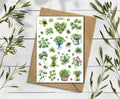 Clover sickers on a wooden surface with green leaves.