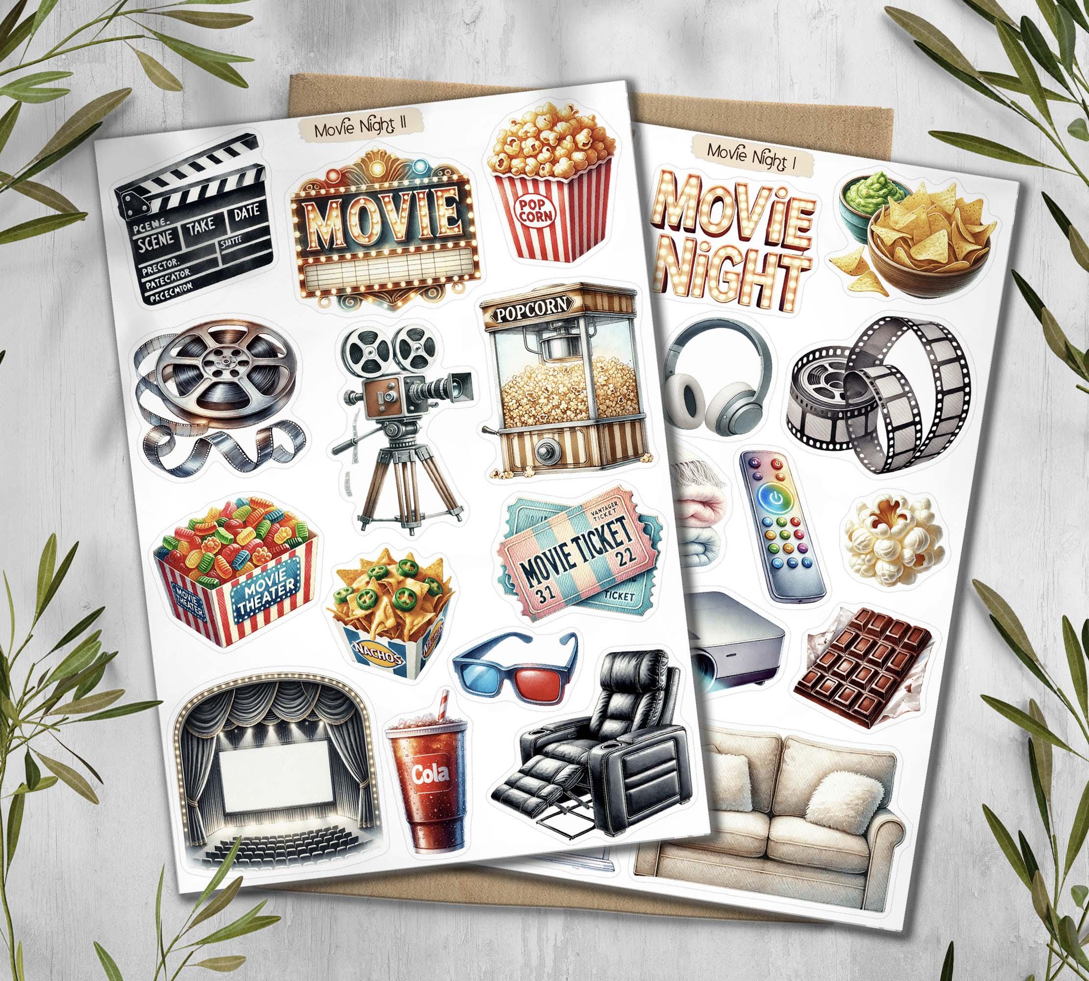 Movie Night Planner Stickers. Cinema Scrapbooking Stickers. Theatre Hobby Decals