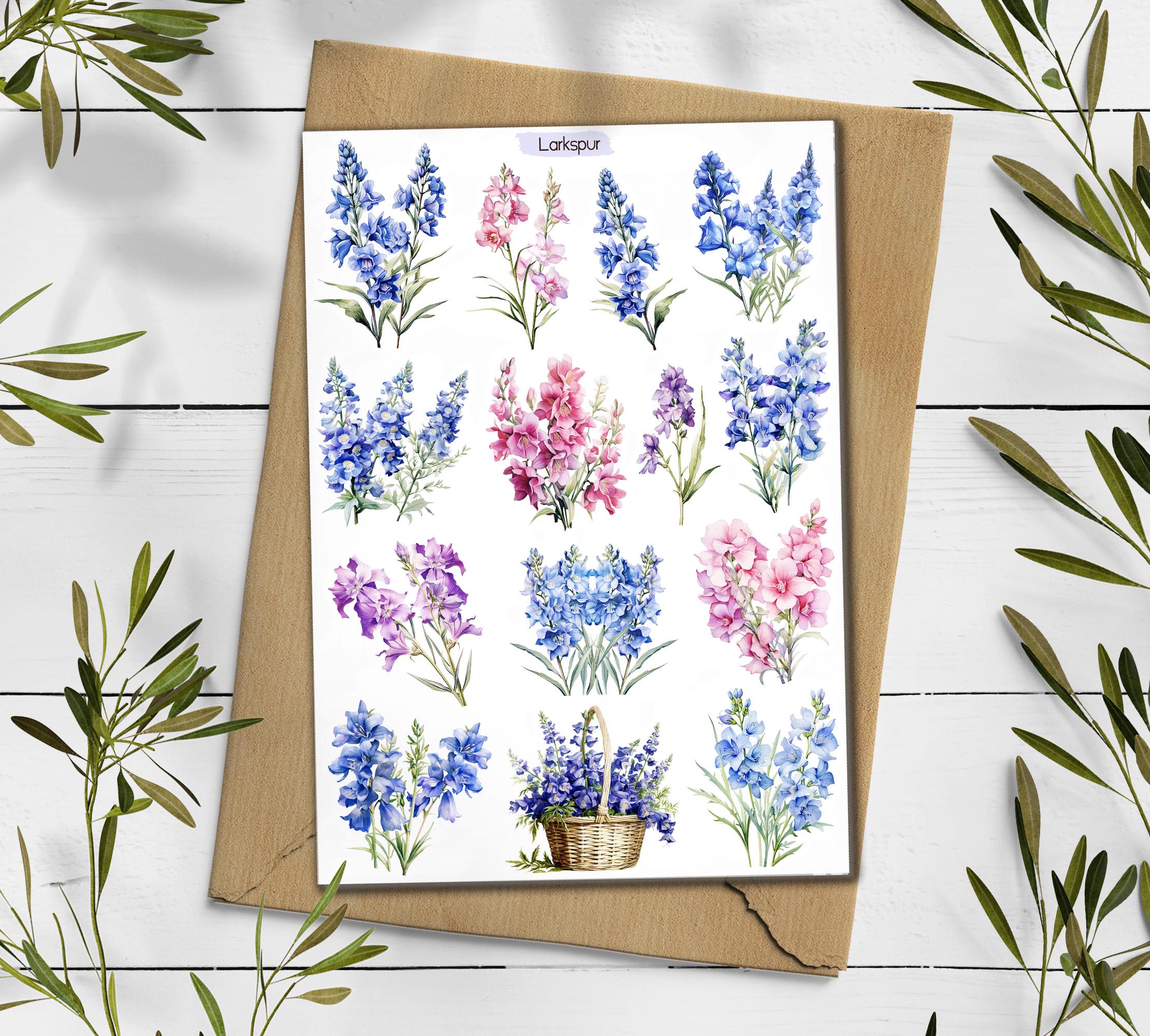Larkspur Birth flower Stickers. Larkspur flowers Sticker. Wildflowers Sticker Pack. Delphinium Stickers. Blue Flower Sticker. Bullet Journal