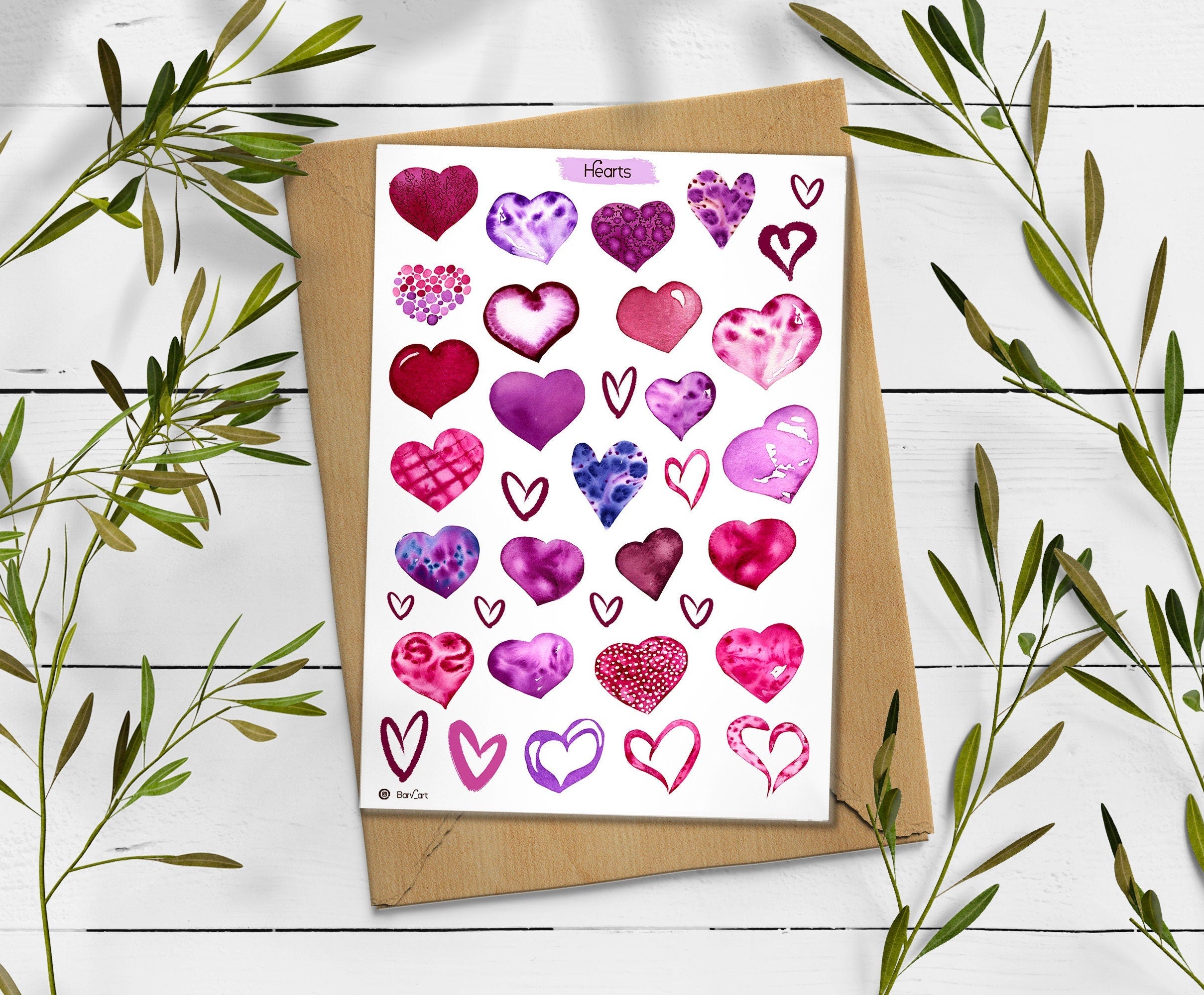 Watercolor Hearts Sticker Sheet: Planner, Journal, Scrapbook