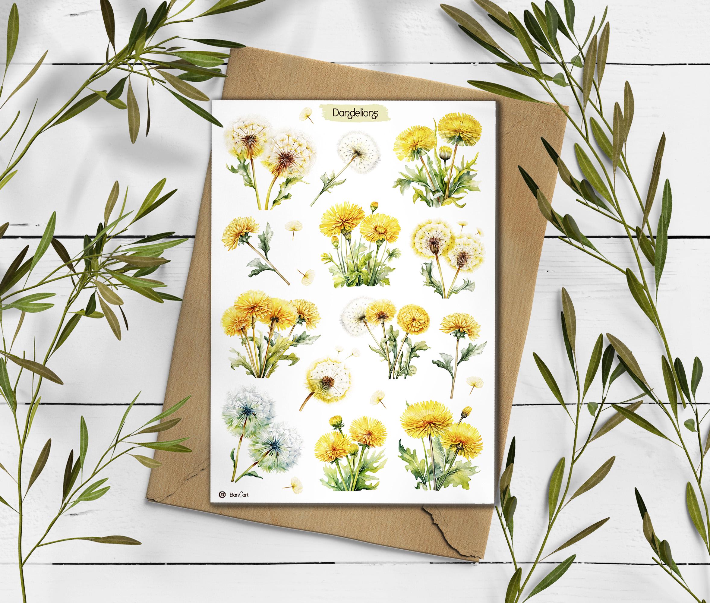 Dandelions Stickers. Wildflowers Sticker Pack. Spring Stickers. Bullet Journal, Dandelion flower Sticker Sheet. Easter Sticker.